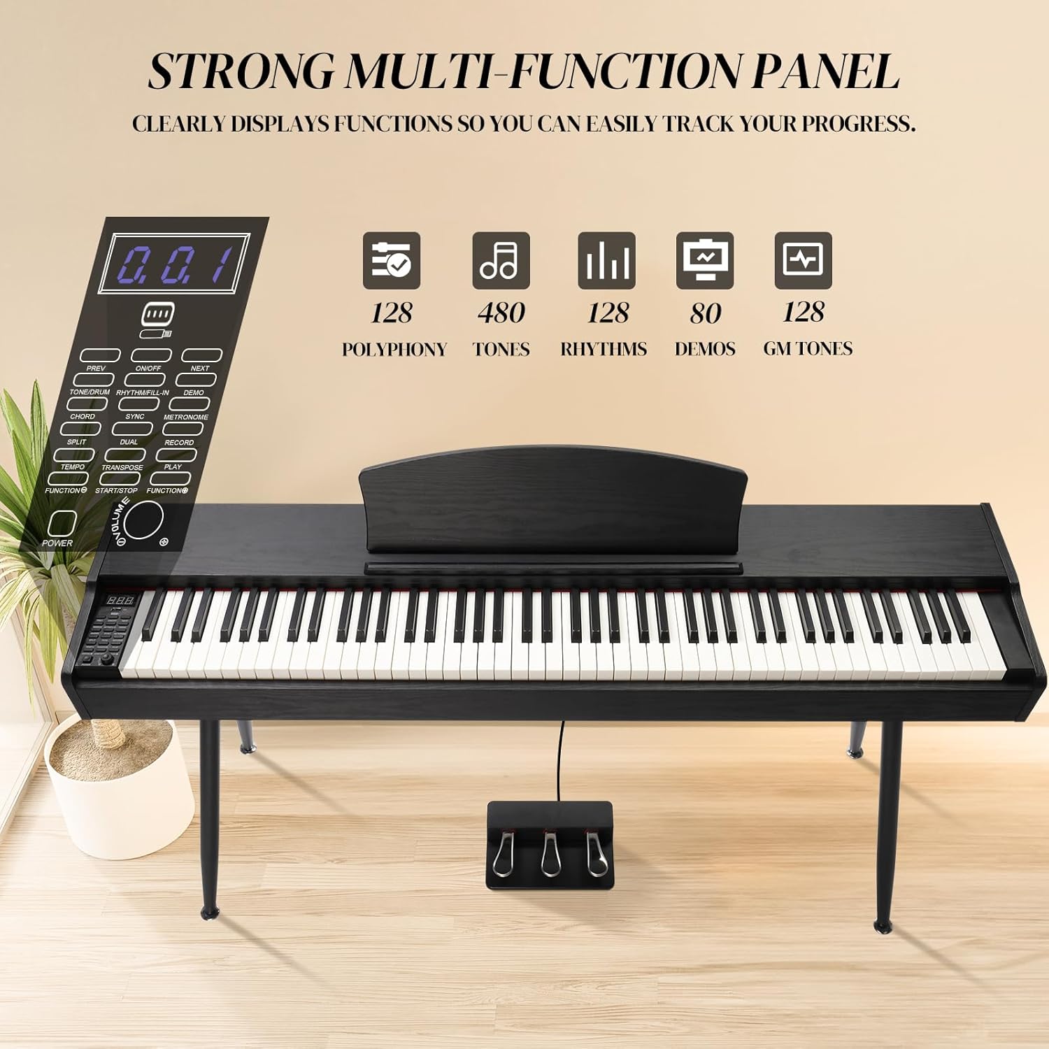 Ktaxon 88 Key Keyboard Piano Weighted Action Electronic Keyboard Piano, Digital Piano with 3-Pedal Unit, Removable Music Stand, Stereo Headphones, Compact Design and MIDI Connection(Wood Grain Black)