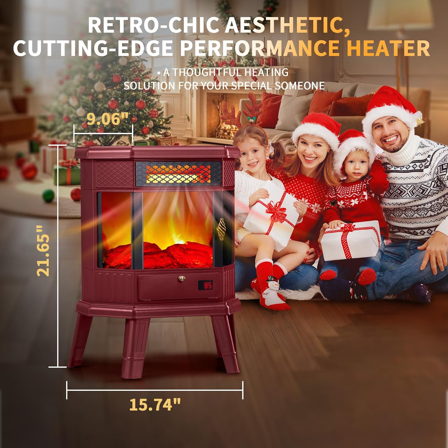 Electric Fireplace Heater 22 in Freestanding Fireplace Stove Infrared Fireplace RealSmart with 3D Flame Effect Remote Control, Timer, Overheating Protection Heater for Indoor Use Black (Christmas Red)