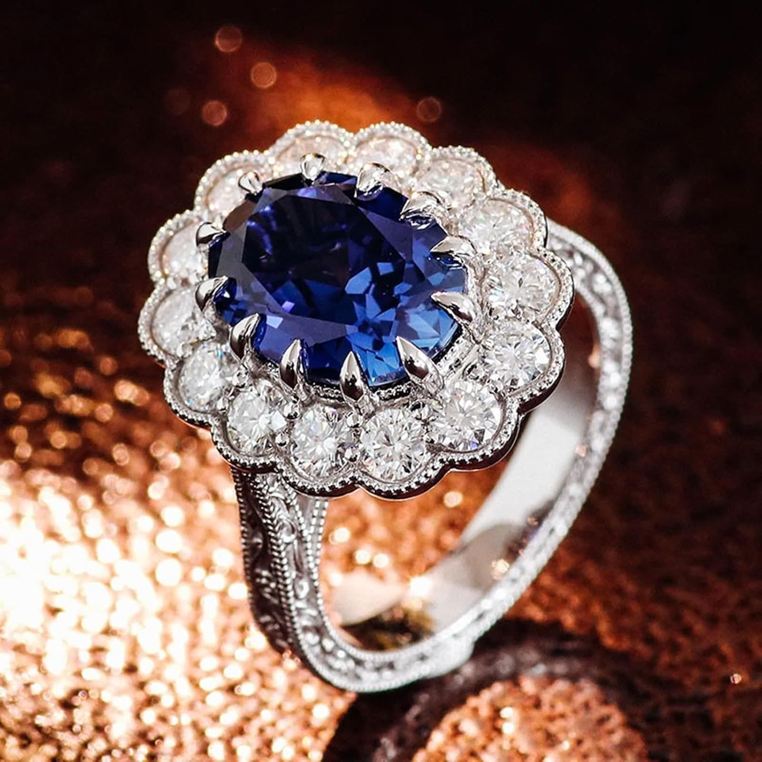 Flower Ring Women, Engagement Ring Vintage Created Sapphire Silver Band 9K White Gold for Wedding