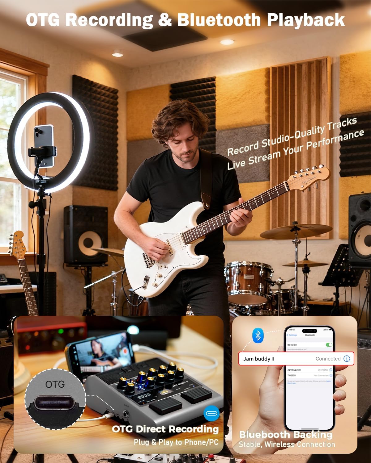 JOYO 10W Electric Guitar Combo Amp Multi-Effects Pedal Portable Amplifier with Footswitch,14 Amp Models,3-Band EQ,36 Drum Patterns & Looper,OTG Recording,Bluetooth for Practice(JAM Buddy II, Gray)