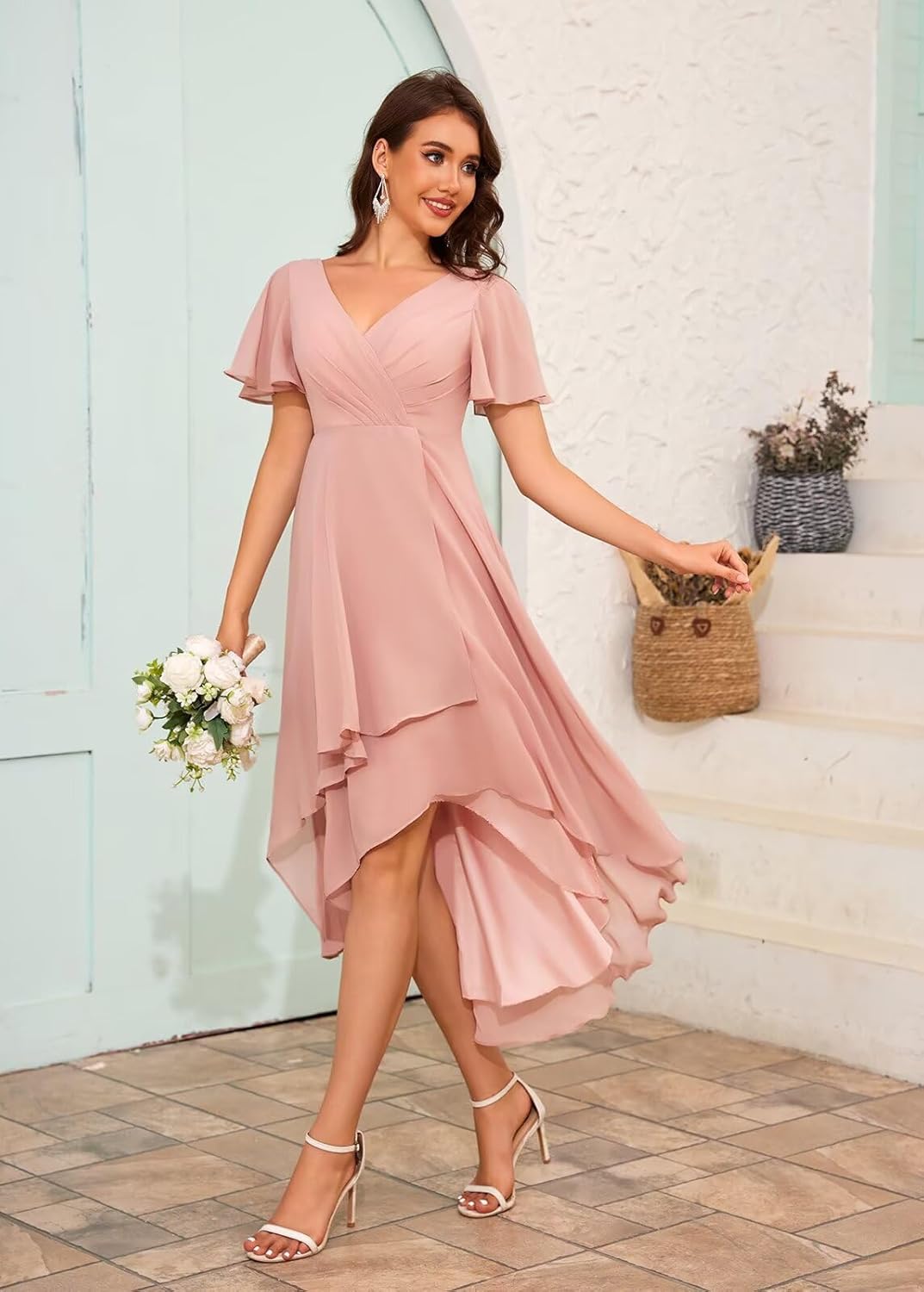Sukleet V Neck Flutter Sleeves Bridesmaid Dresses for Women Chiffon High Low Formal Cocktail Dress