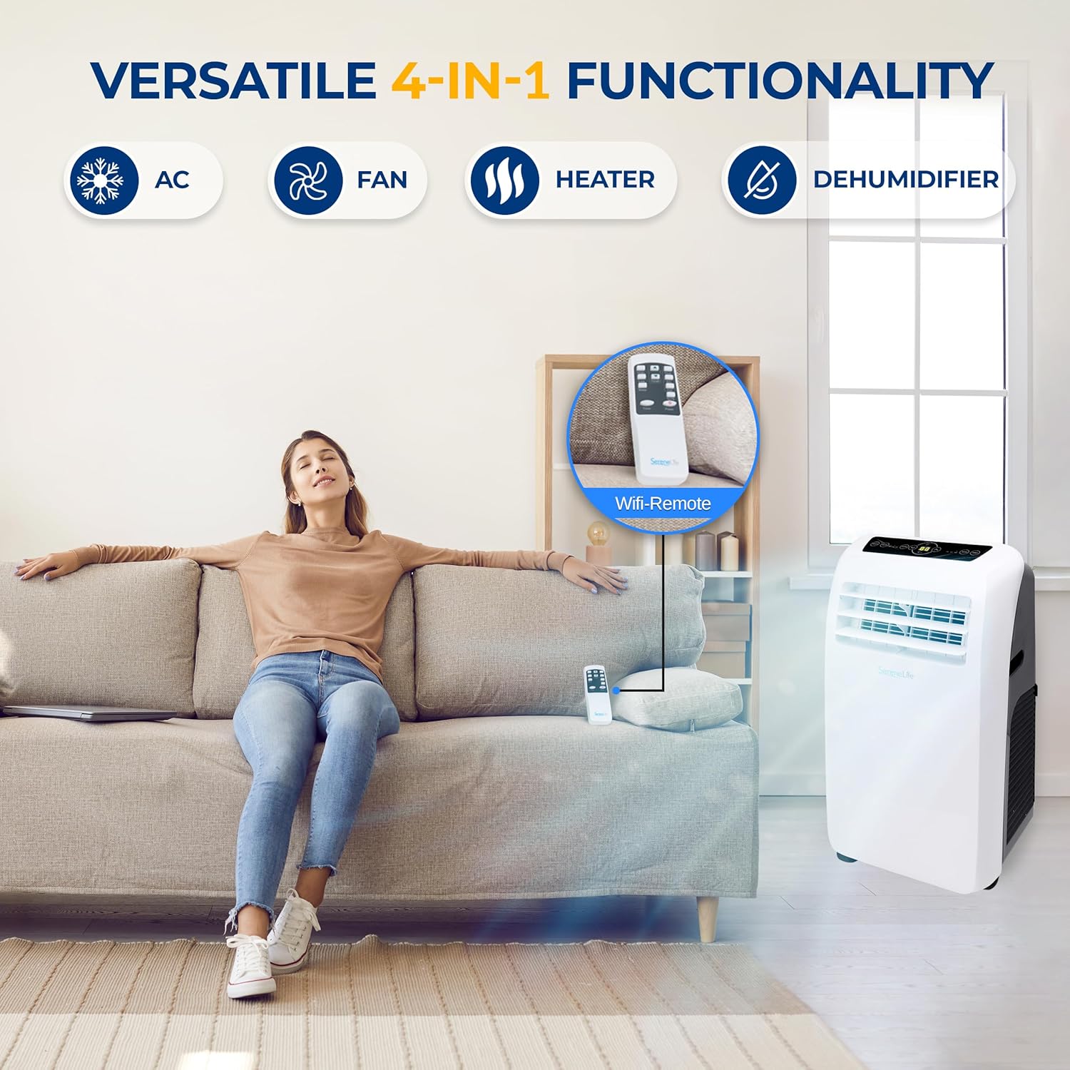 SereneLife Portable Air Conditioner + Heat 12,000 BTU with Built-in Dehumidifier - Portable AC unit for rooms up to 550 sq ft - Remote Control, Window Mount Exhaust Kit