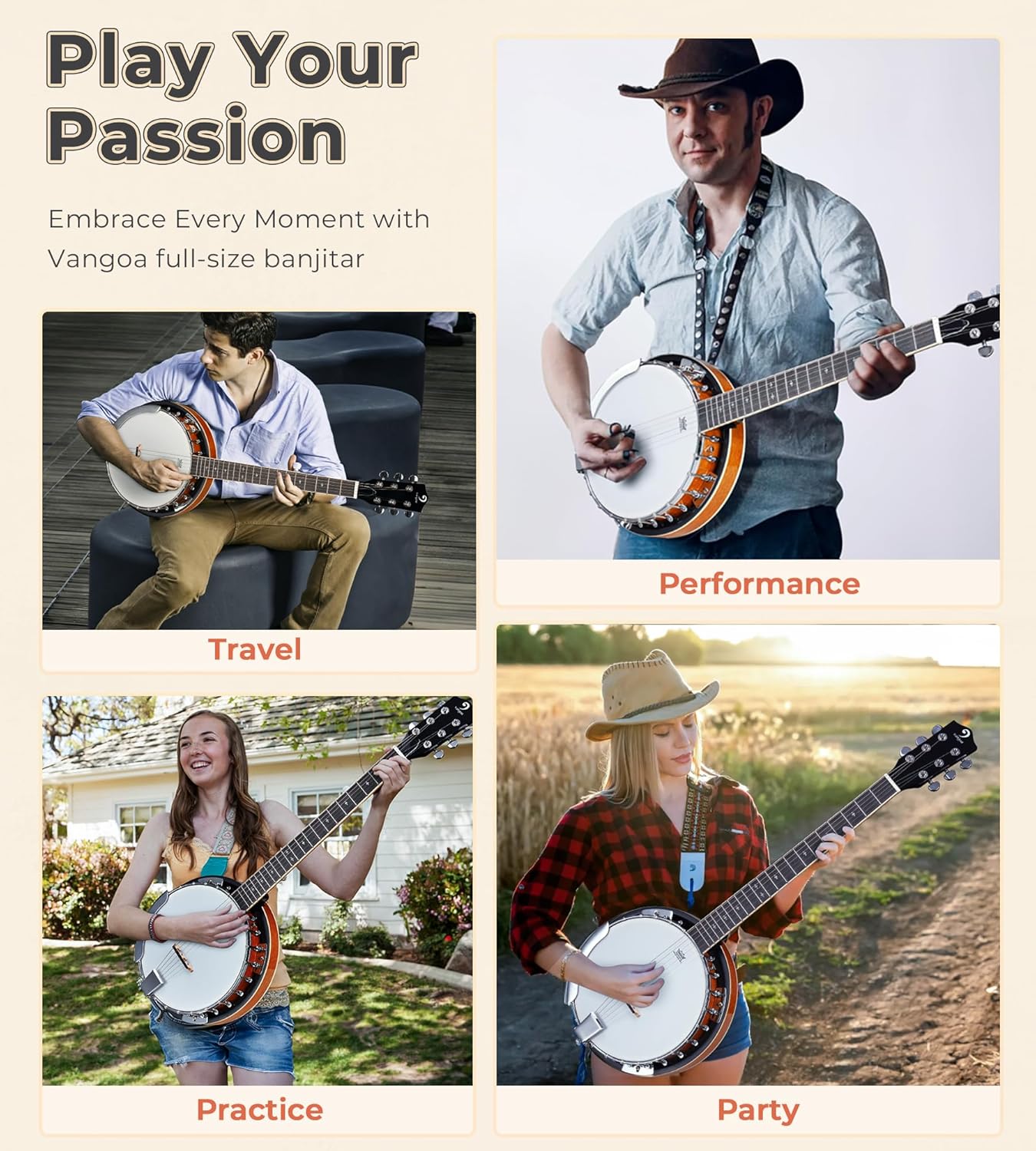 Vangoa 6 String Banjo Guitar Full Size with 12 String Guitar Acoustic Electric