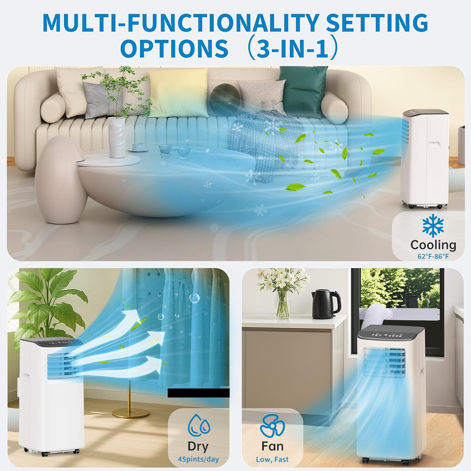 8,000 BTUs Portable Air Conditioner, 3-In-1 Room Air Conditioner with Fan & Dehumidifier Modes, Cools for 350 Sq.Ft, Remote Control & 24H Timer, Standing AC Conditioning for Office, Home （Gray Top）