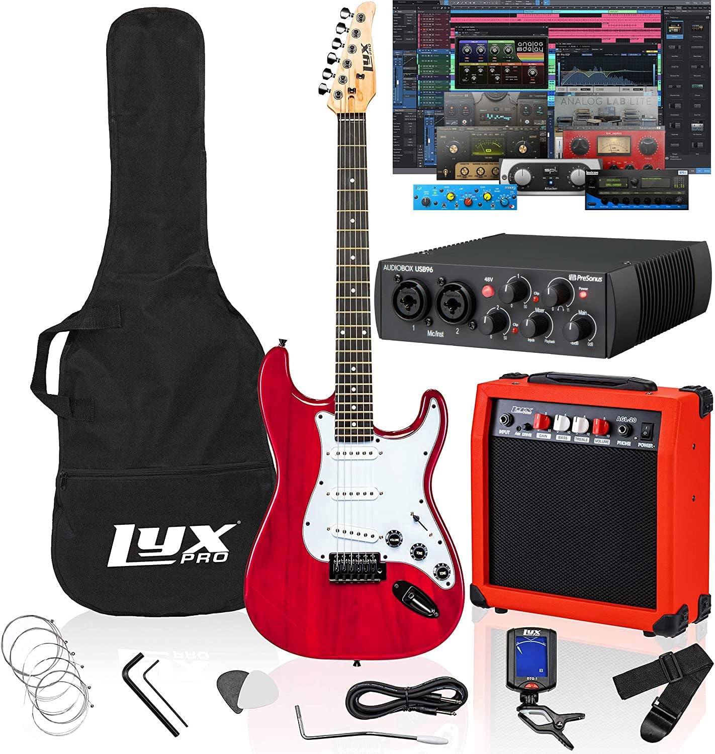LyxPro Full Size Electric Guitar (Red) with 20w Amp Package with Presonus AudioBox 96 USB 2.0 Audio Interface Studio Bundle with Studio One Artist Software Pack