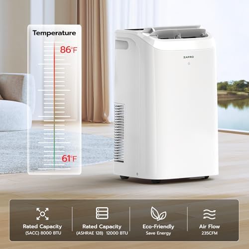 ZAFRO Portable Air Conditioners 12,000 BTU (8000 BTU SACC),44dB Quiet Cooling, WiFi/App Control, 24h Timer with Fan & Dehumidifier, for Bedroom, Office, Adjustable Design, Easy Installation