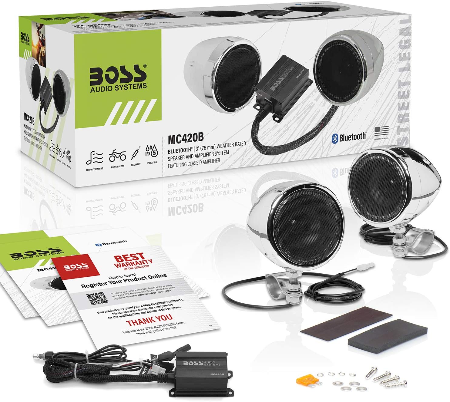 BOSS Audio Systems MC420B 3 Inch Motorcycle Speakers and Amplifier Sound System – Class D Amplifier, Weatherproof, Volume Control, ATV UTV Compatible