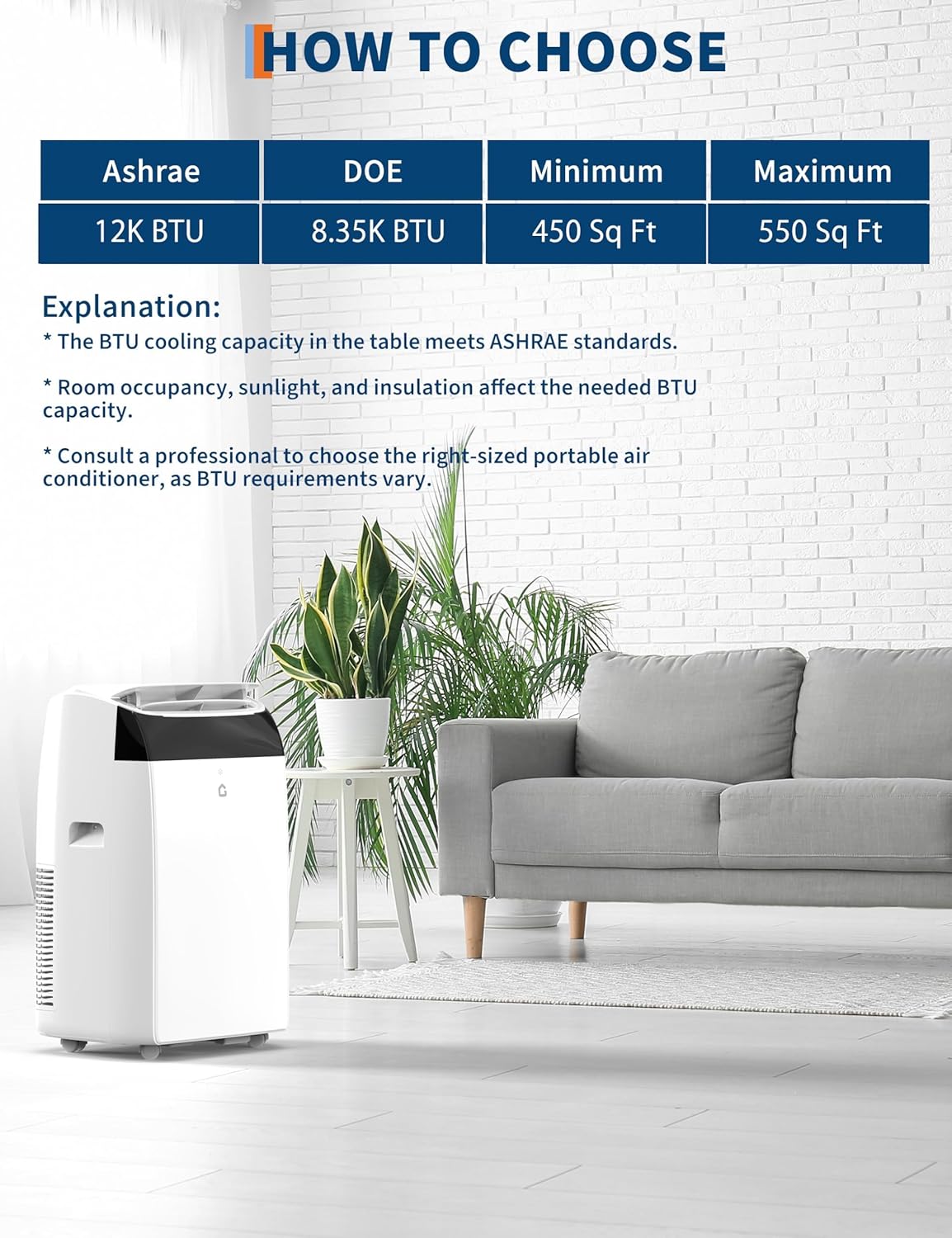 12000 Btu Portable Air Conditioners, Indoors Ac Unit Fast Cooling 550 Sq. Ft., 3-In-1 Portable Air Conditioner With Fan, Cooling, Dehumidification, Touch Screen Controls, Remote Controller