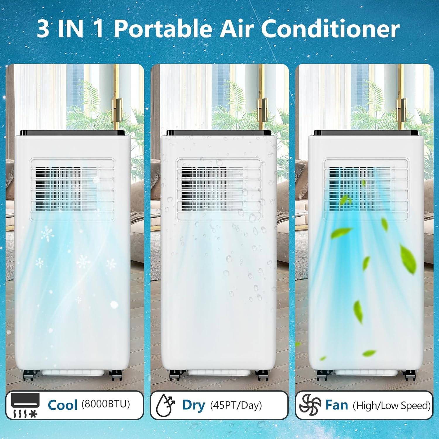 8,000 BTU Portable Air Conditioner with 3-IN-1 Cooling, Fan, and Dehumidifier, Cools up to 350 Sq.Ft, Quiet Operation with Sleep Mode, Remote Control, Auto Swing, and 24H Timer