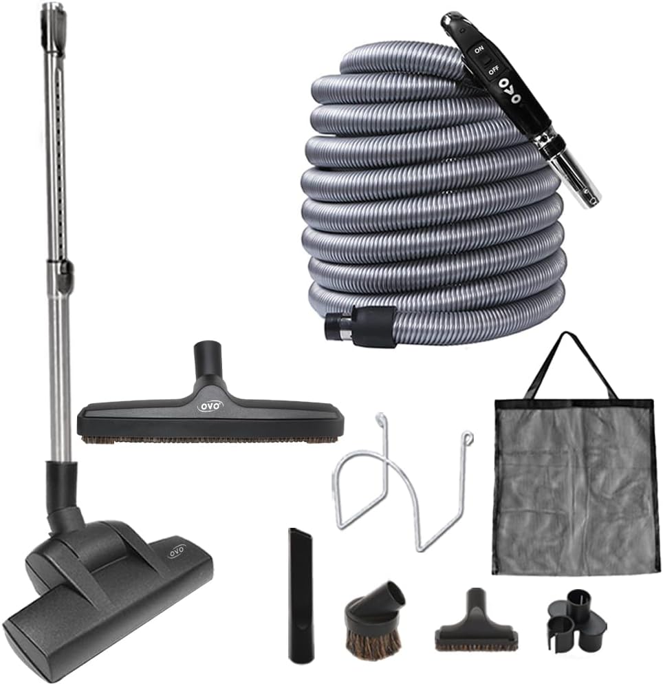 OVO Central Vacuum Deluxe Plus Kit, 50ft ON/Off Low-Voltage Hose, Air Driven Carpet Beater, 12’’ Premium Floor Brush, Cleaning Tools and Easy Storage Accessories