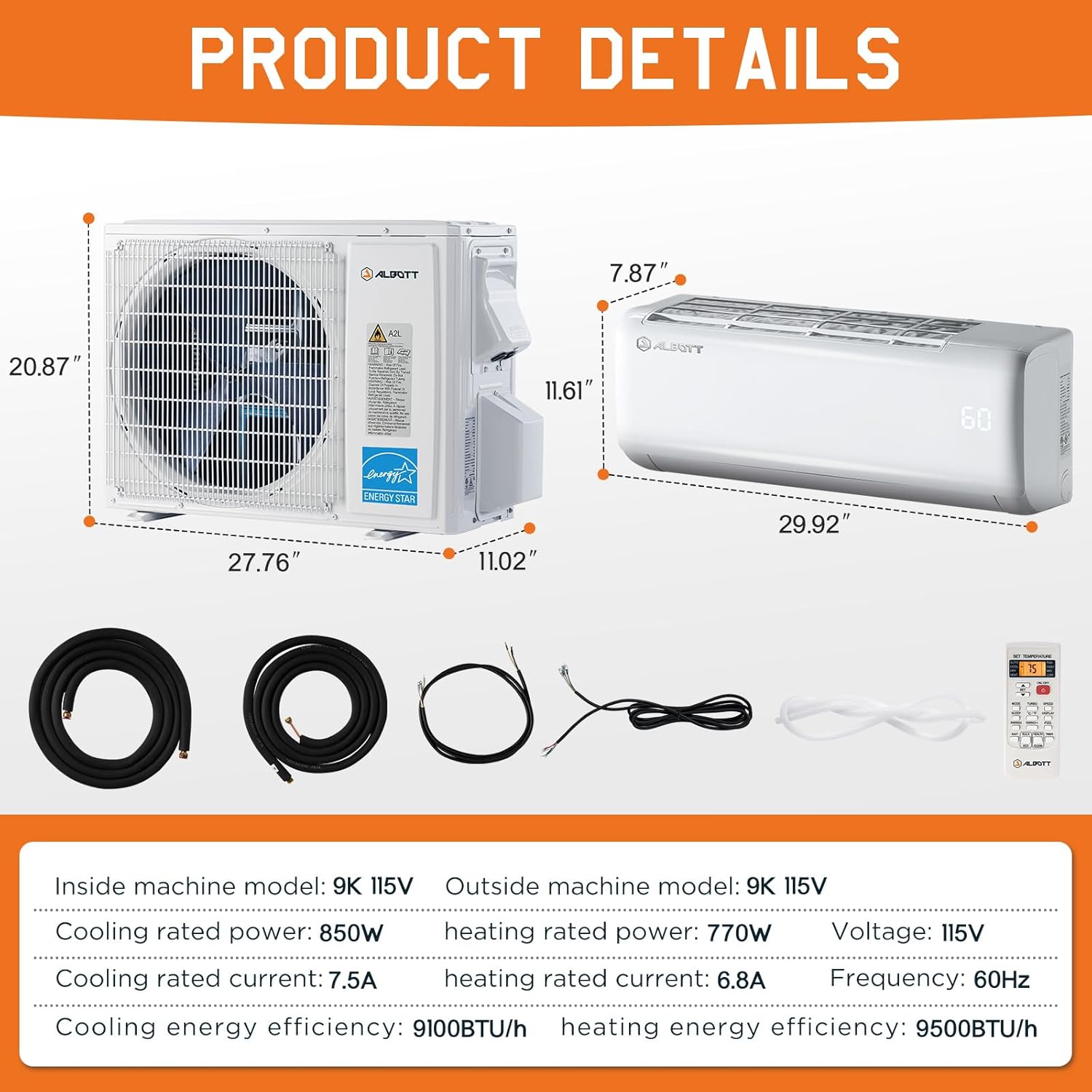 Albott 9100 BTU Mini Split Air Conditioner and Heater, SEER2 20.5, 115V, Inverter Heat Pump AC with Wi-Fi Smart Control, Voice Assistant, Self-Cleaning, Compatible with Alexa, Cools up to 450 Sq. Ft.