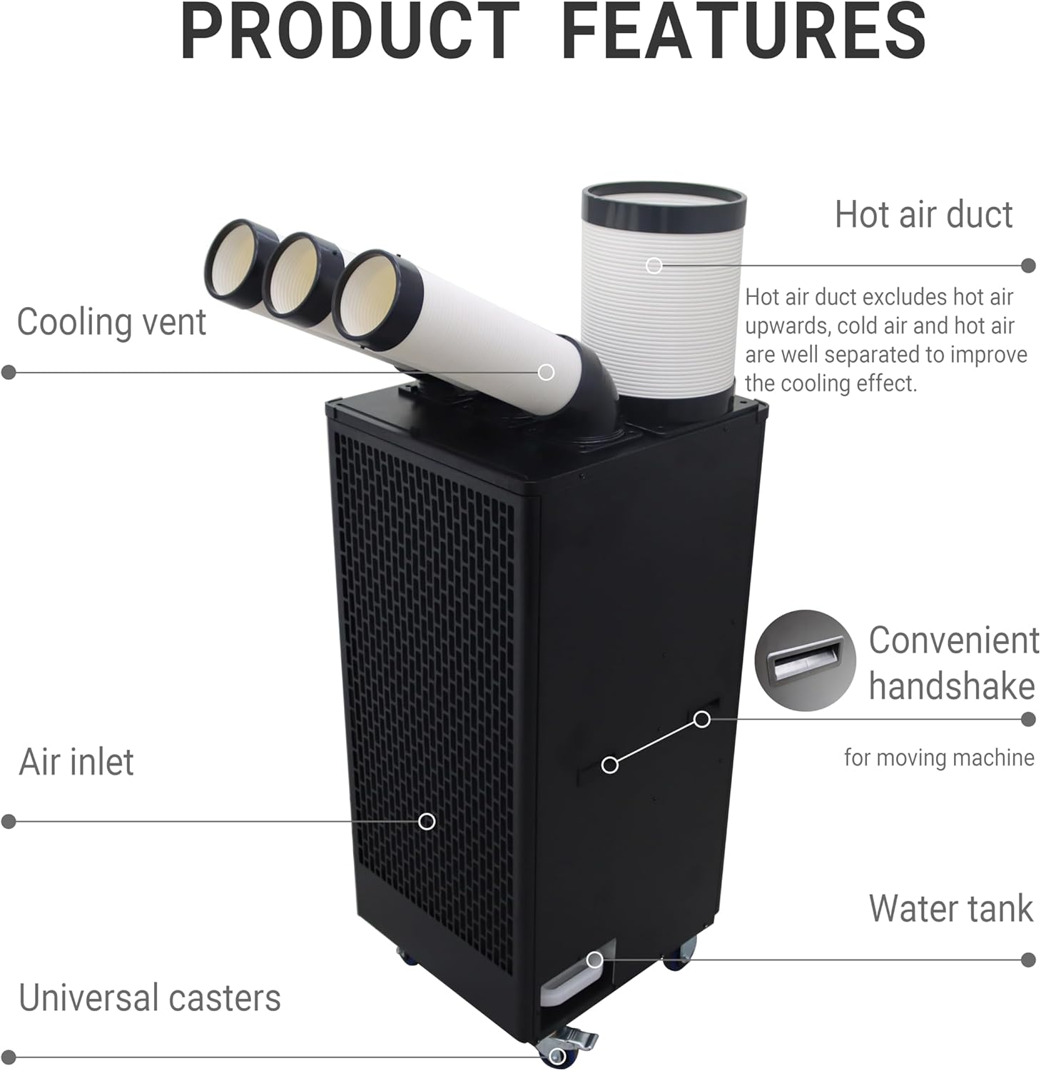 15400BTU/H Industrial Spot Cooler Air Conditioner Industrial Air Conditioner with 2.1Gal Water Tank Portable Mobile Spot Cooler Double Ducts 2.1KW 220V Black