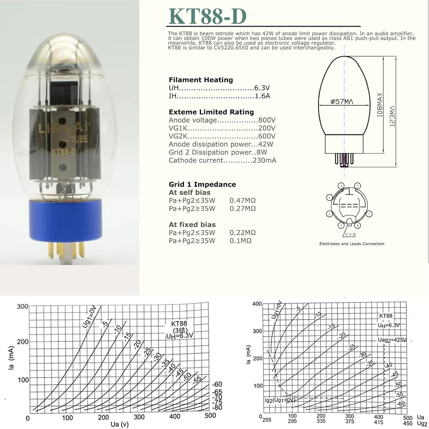 LINLAI Tube 1 Pair KT88 Free Matching Vacuum Hifi Valve Electronic Tube for Class Pairing Audio Amplifier Replaced 42W Power Amplication(2pcs in a pack) (KT88-D)