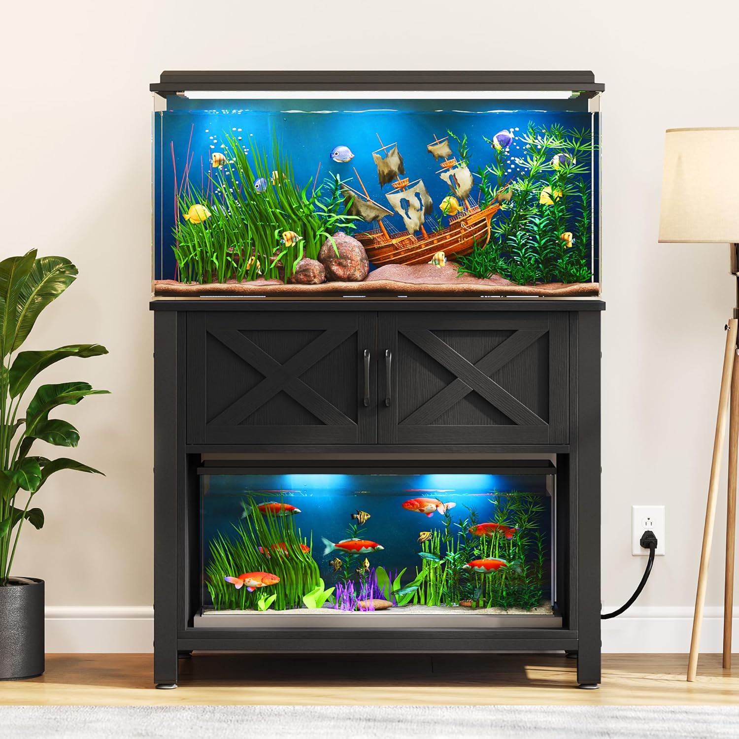 DWVO 40-50 Gallon Aquarium Stand with Power Outlets, Cabinet for Fish Tank Accessories Storage - Metal Frame Fish Tank Stand Suitable for Turtle Tank, Reptile Terrarium, 660LBS Capacity, Black