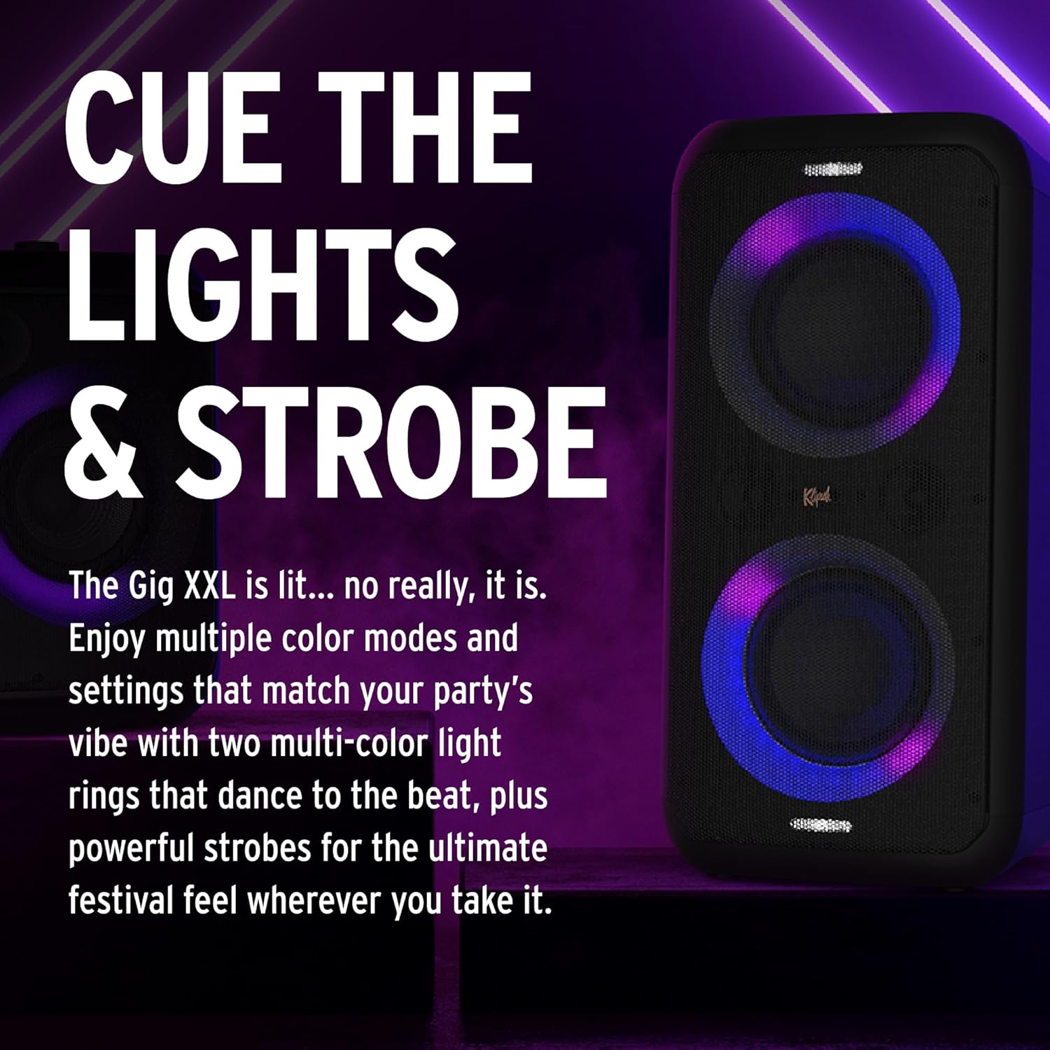 Klipsch Gig XXL, Black - Portable Wireless Bluetooth Speaker - Multiple Color Modes - Bass Boost - Two 6.5