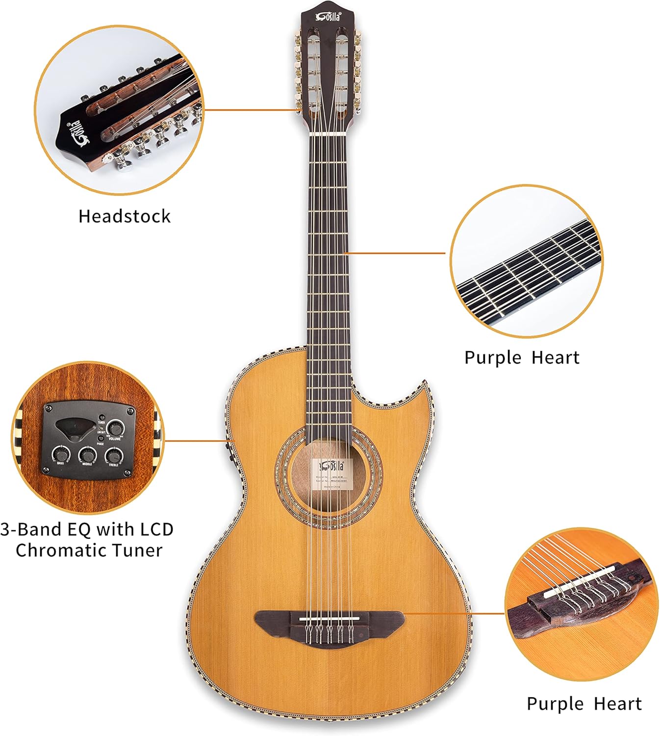 10 String Electric Acoustic Bajo Quinto Solid Cedar Top Sapele back & sides