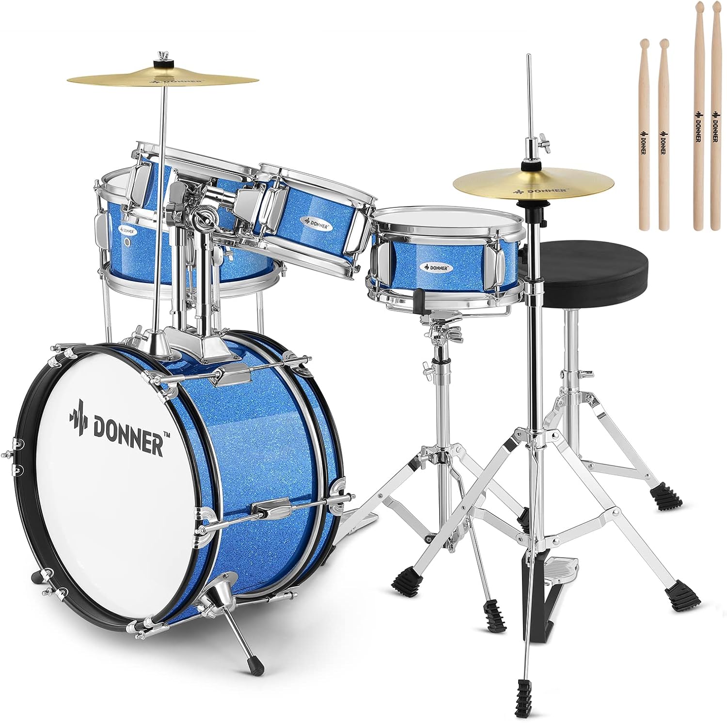 Kids Drum Sets-Donner 5-Piece for Beginners,14 inch Junior Drum Kit, with Adjustable Throne, Cymbal, Hi-Hat, Pedal & Drumstick, Present for Child-Blue