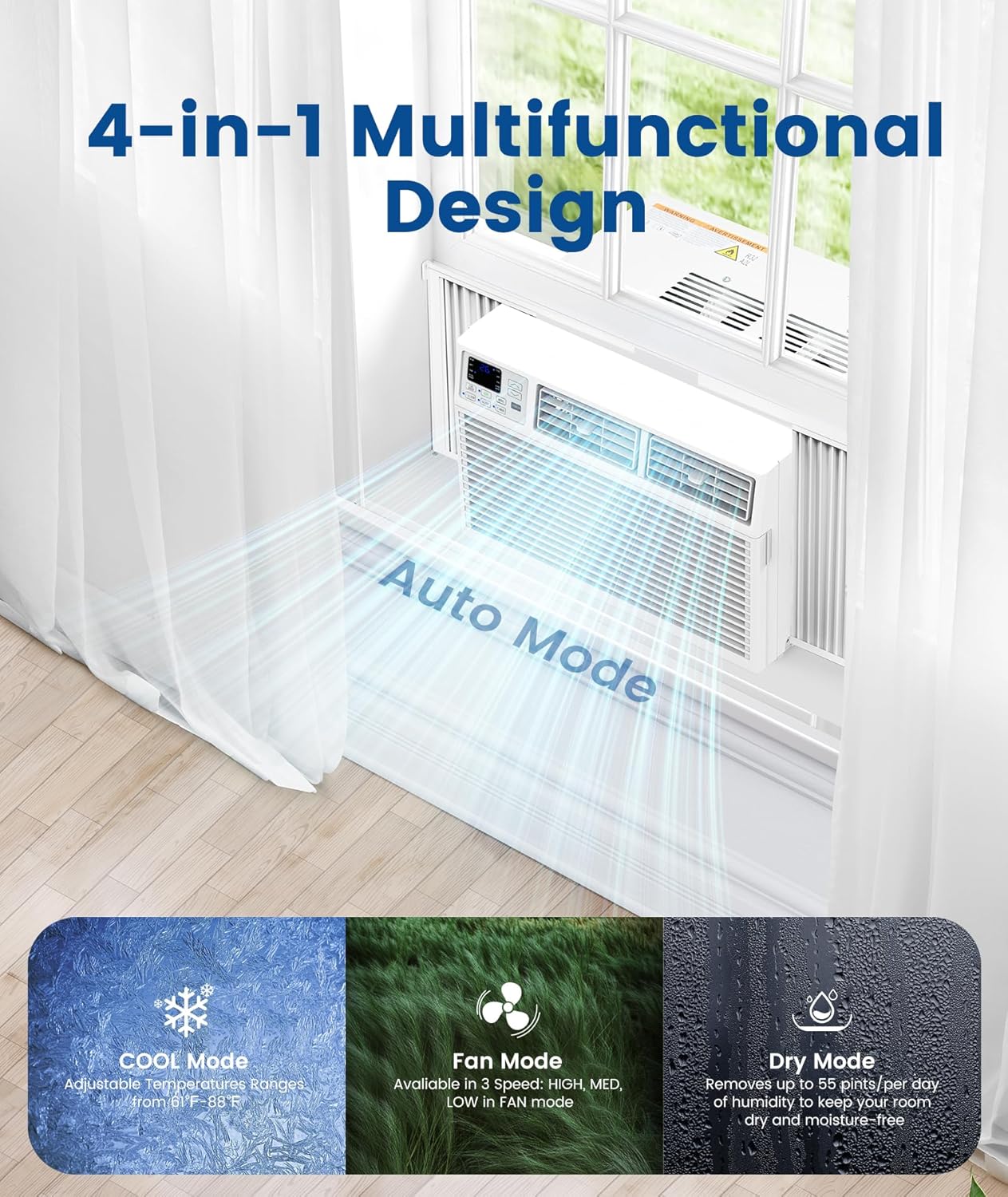 COWSAR 10000BTUs Window Air Conditioner, Window AC Unit Cooling up to 450sq.ft, 4 Modes and 3 Fan Speeds, 24H Timer, Remote Control, Quiet Operation, Reusable Filter