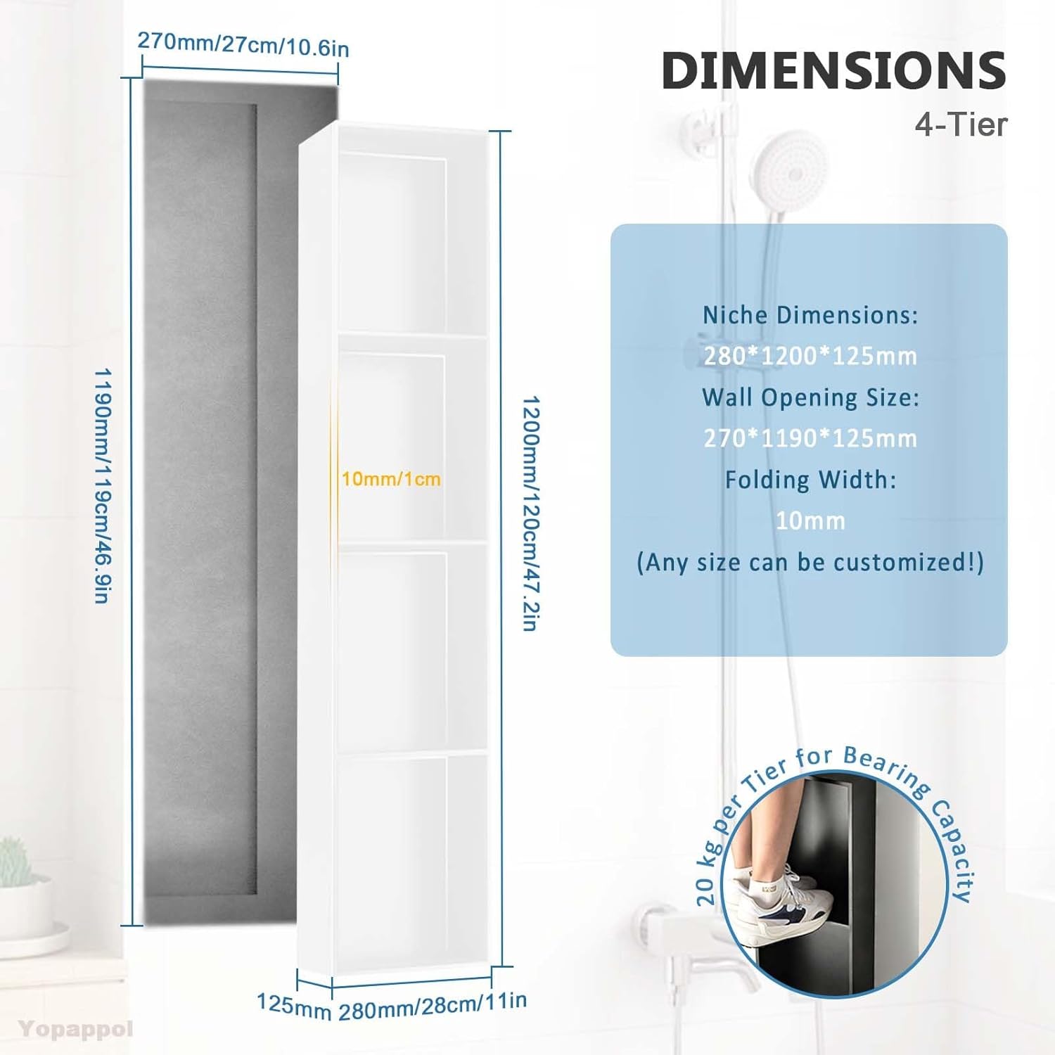 Shower Recessed Shelf 304 Stainless Steel, Waterproof Bathroom Niche Tile Ready Organizer Shelf, Wall Mount Bathroom Shower Storage(120cmx28cmx12.5cm)