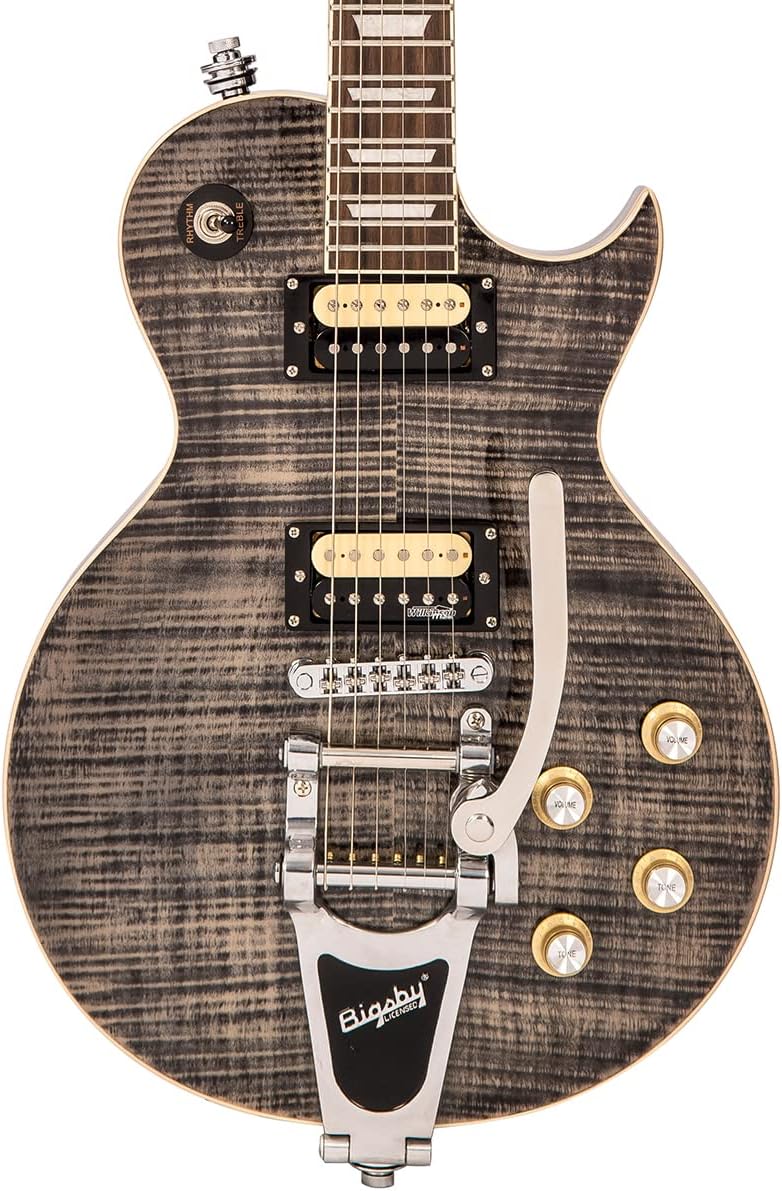 Vintage Reissued Series V100BLB Electric Guitar, Flamed Thru Black W/ Bigsby