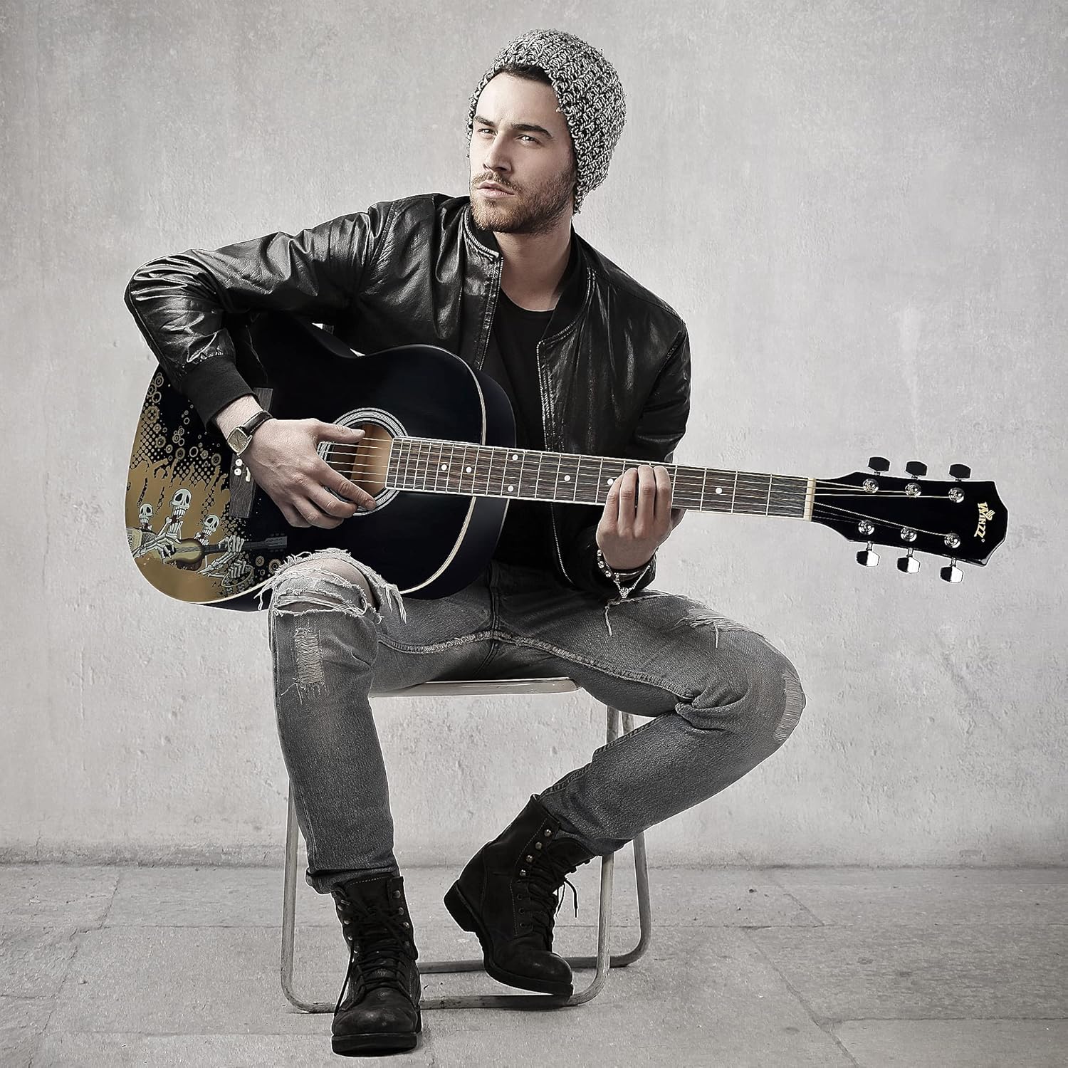 WINZZ AF227A 39 Inches Concert Acoustic Acustica Guitar with Full Kit, Rock Skull