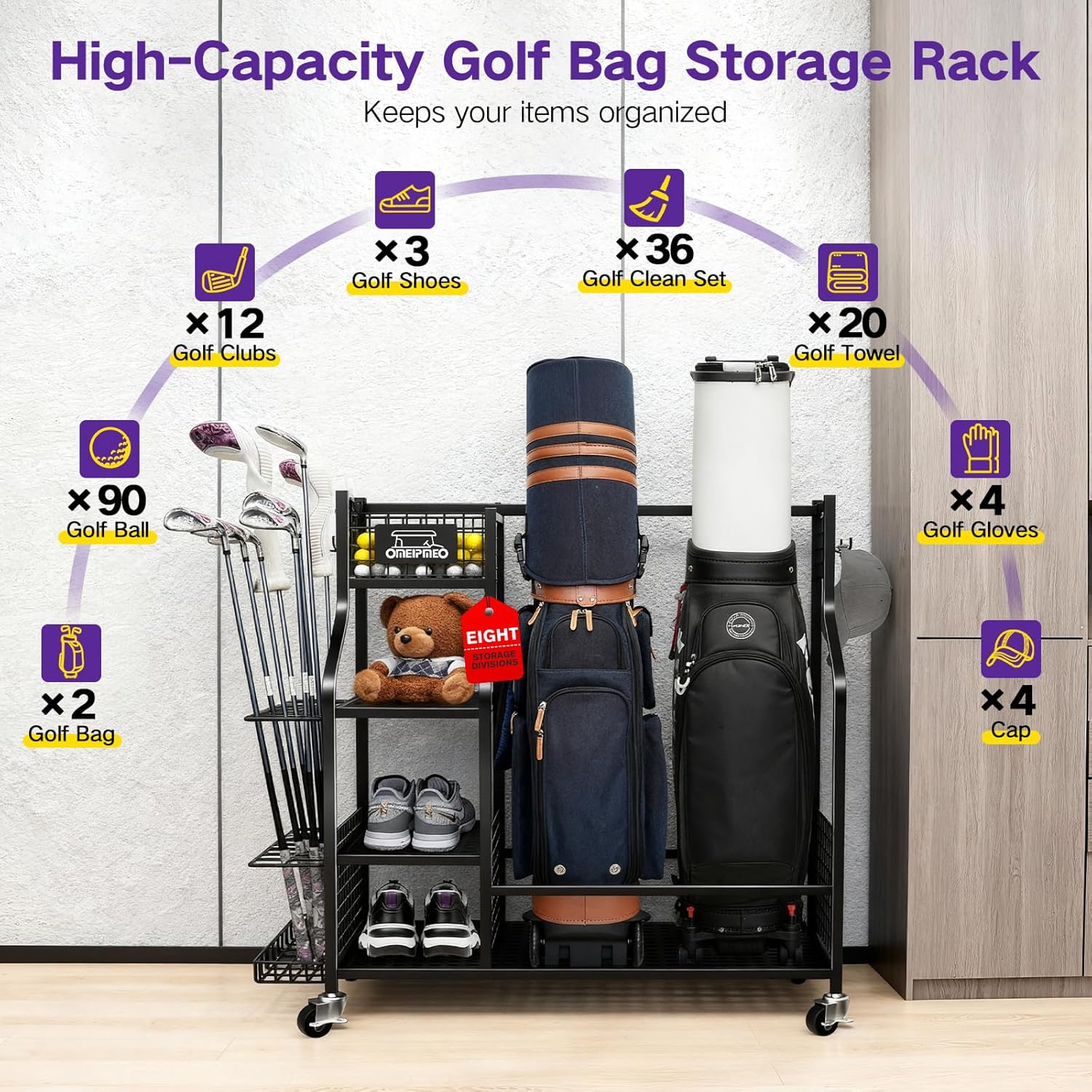 Golf Bag Storage Garage Organizer, Golf Bag Storage Stand and Other Golfing Equipment Accessories Rack, Golf Bag Storage Rack with Wheels, Golf Organizer for Home, Garage, Club, Shed, Basement
