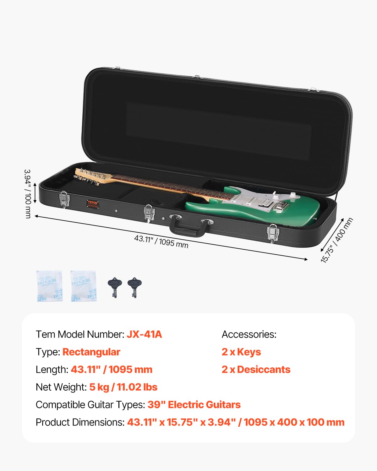 VEVOR Electric Guitar Hard Case, 43.11 in Rectangular Guitar Hard Case, With Lock Latch Keys Handle, PVC Padding Soft Lining Water-Resistant Hard Shell Guitar Cases, for 39 in Electric Guitars, Black