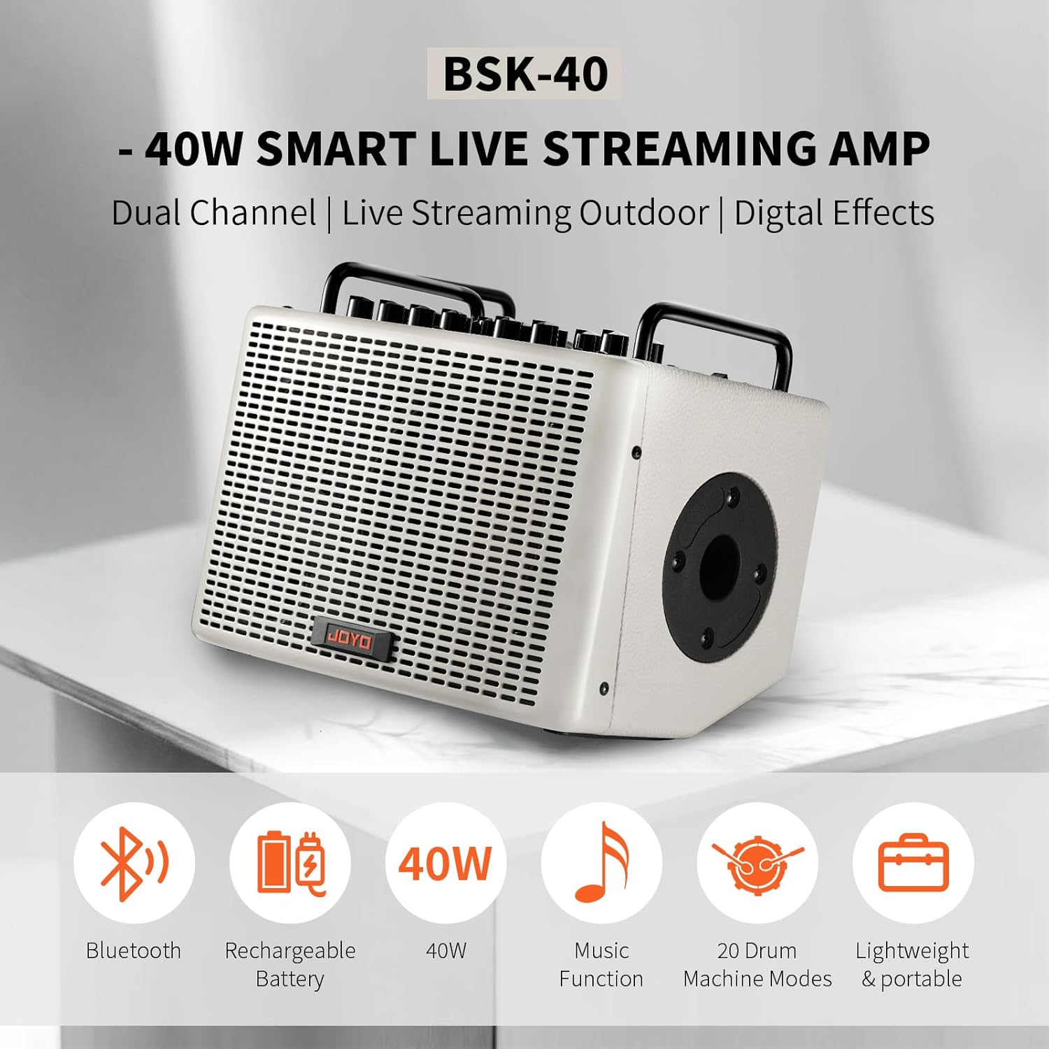 JOYO Guitar Amp 40W Multifunctional Bluetooth Combo Amplifier Reverb Chorus Delay Drum Patterns Vocal Channel for Acoustic Electric Guitar Keyboard Outdoor Gigs & Practice (BSK-40 White)