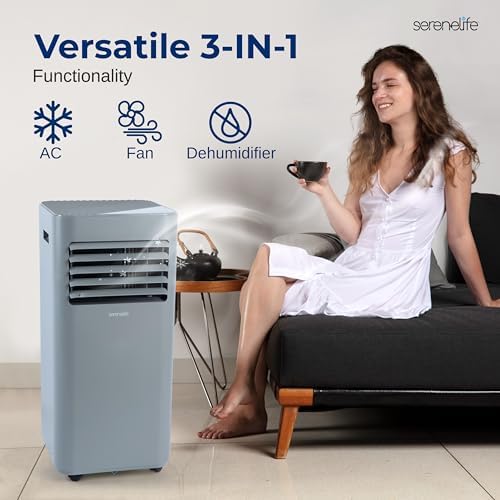 SereneLife Portable AC 8000 BTU, 3-in-1 Cooling, Dehumidifier And Fan Modes, Compact Standing Air Conditioner, Energy Efficient 300 Sq. Ft. Climate Control, Universal Castors And Window Mount Kit