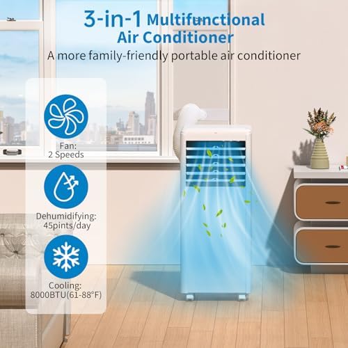 8,000 BTU Portable Air Conditioner, 3-In-1 AC Unit with Cooling, Dehumidifier, Fan Function, Standing Air Conditioner for Room Up to 350 Sq. Ft. with Remote and Window Kit, White