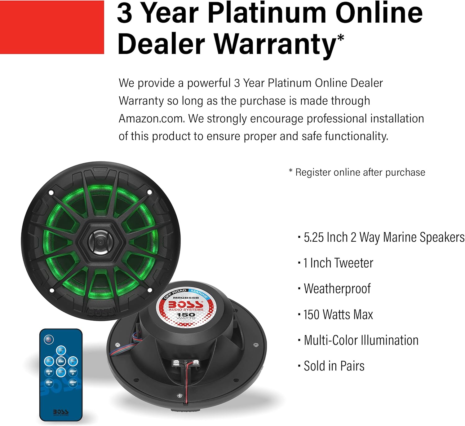 BOSS Audio Systems MRGB55B 5.25 Inch Marine Speakers - Weatherproof, 150 Watts Per Pair, 75 Watts Each, Multi-Color Illumination, Full Range, 2 Way, Sold In Pairs