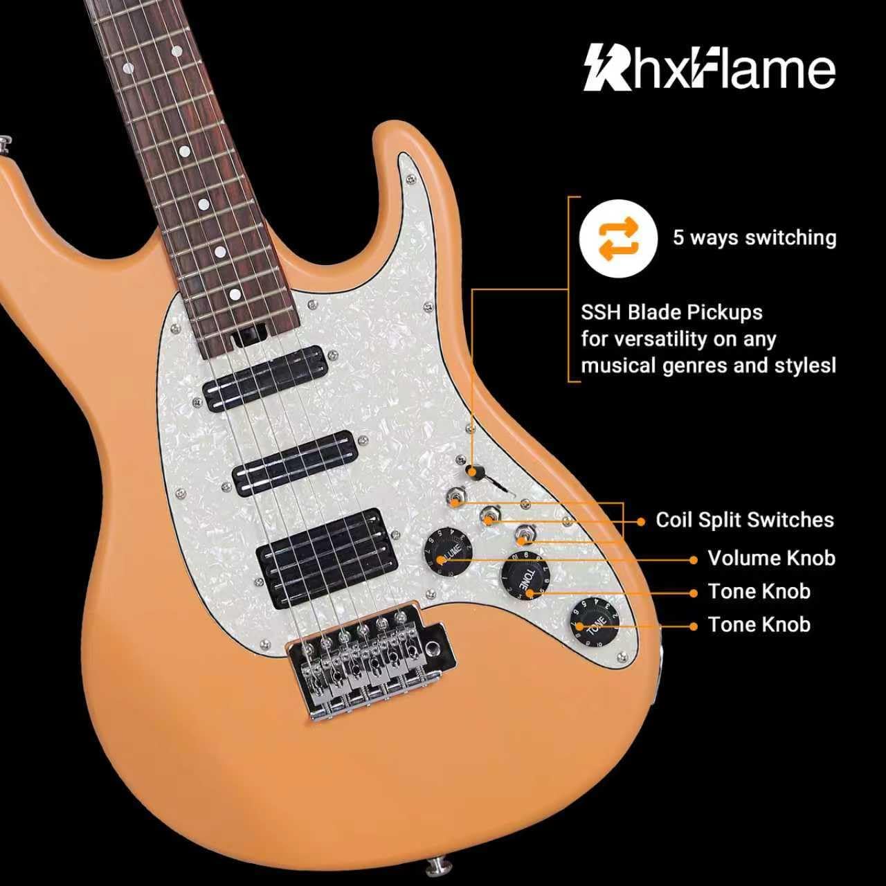 6 String Electric Guitar for Beginners & Intermediate with Coil Split Switches, White Pearl Pickguard, Roasted Maple Neck, SSH Pickups, Rotary Dial Truss Rod (Orange)