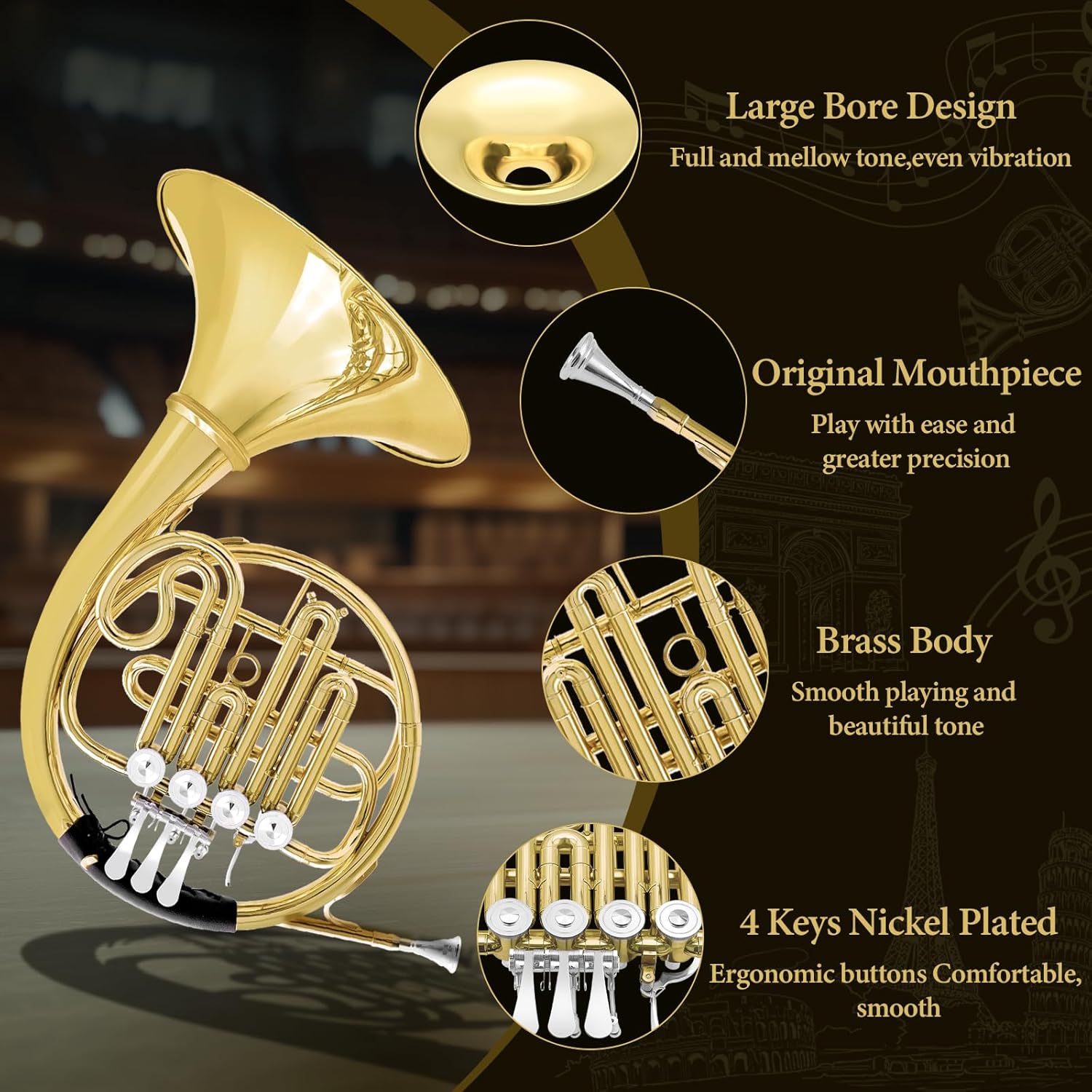 French Horn B Flat, 4 Key Gold Single French Horn Beginner Set for Students & School Bands‌ Brass Lacquer Craft Includes Musical Instrument Box Mouthpiece, Gloves, Cleaning Kit