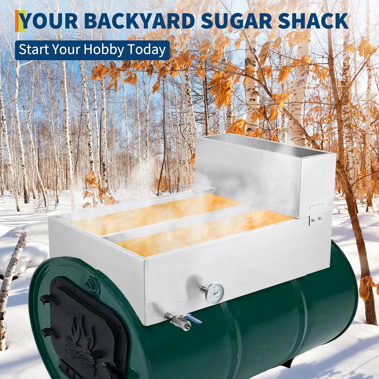 Maple Syrup Evaporator Pan - Stainless Steel, 22.4 Gal, 2 Valves & Thermometer,Upgraded Seamless Welding Technology - for Home & Outdoor(24x36x18.5 Inch)