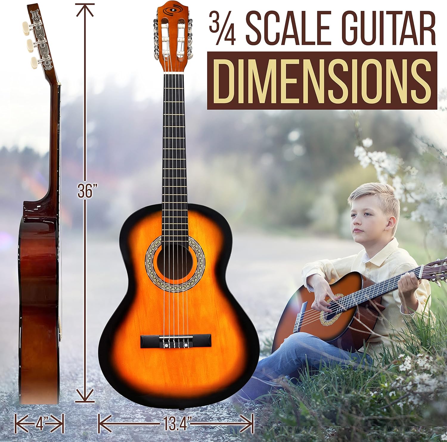 Beginner 36” Classical Acoustic Guitar - 3/4 Junior Size 6 String Linden Wood Guitar w/Gig Bag, Nylon Strings, Picks, Strap, For Beginners, Adults (Sun Burst)