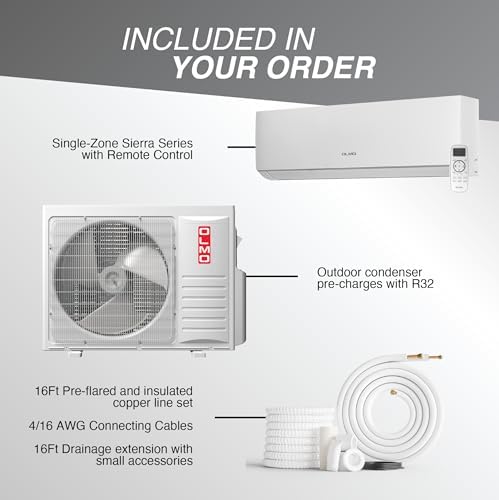 OLMO 24,000 BTU Ductless Mini Split Air Conditioner & Heat Pump – 19.5 SEER2 – 16FT Installation Kit Included – 230V Inverter System – Pre-Charged with R-32