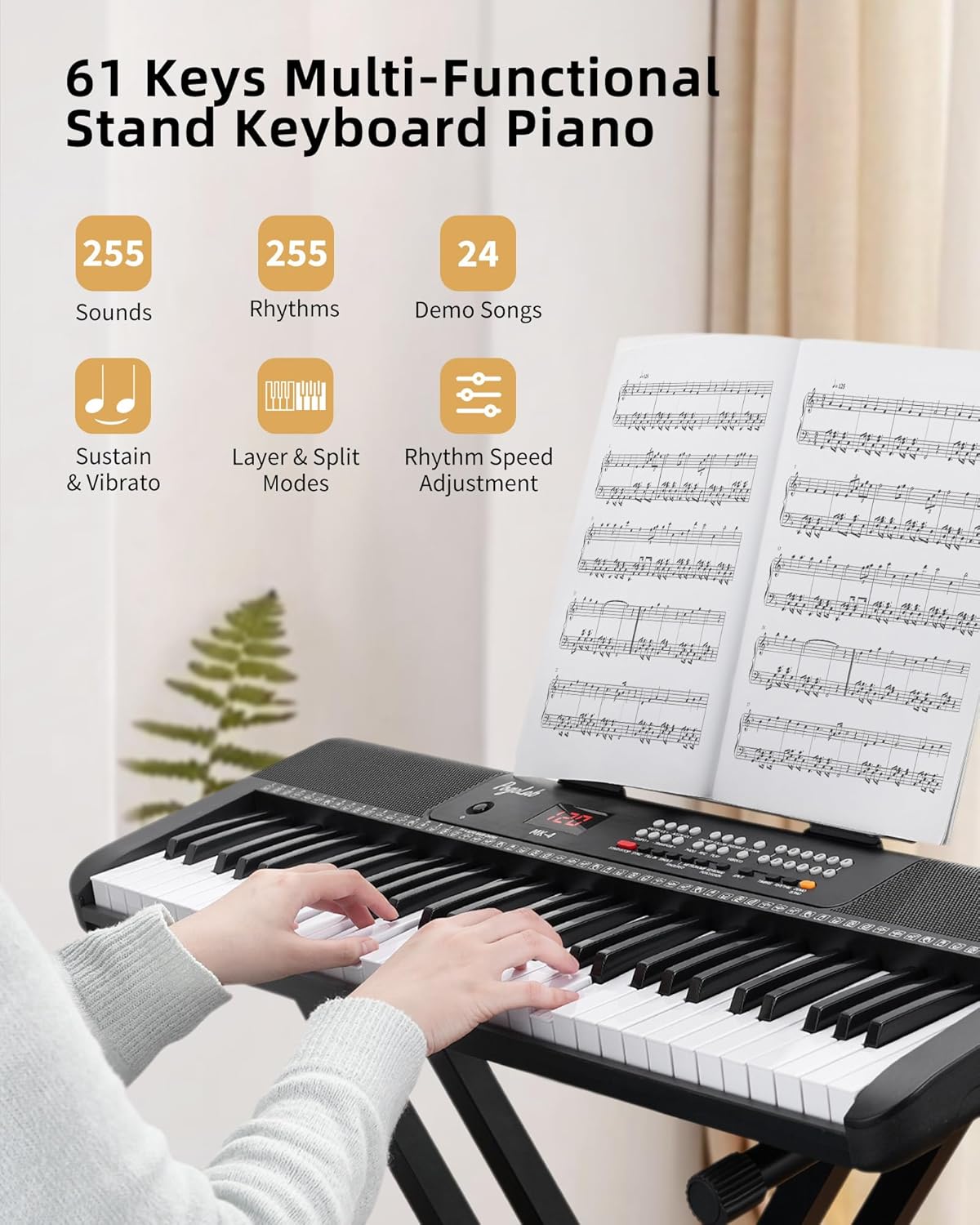 61 Keys Compact Keyboard Piano with Foldable Mini Stand, Built-in 255 Sounds, 255 Rhythms, 24 Demos, Includes Sheet Music Stand, Note Stickers & Power Supply, Gift for Beginners, Black