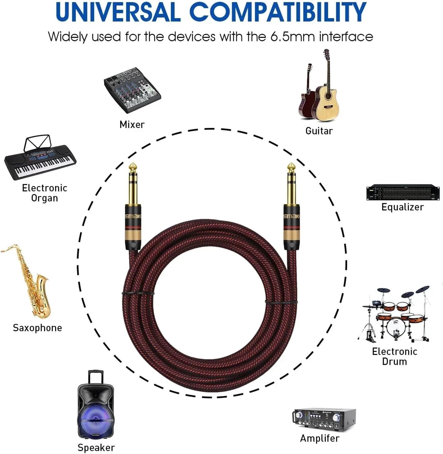 Stereo Audio Line TRS 1/4 Inch Male To Male Guitar Amp Cord 6.5mm To 6.5mm for Guitar Sax Speaker Amplifer Mixer Equalizer(Red-Straight LL,1m)