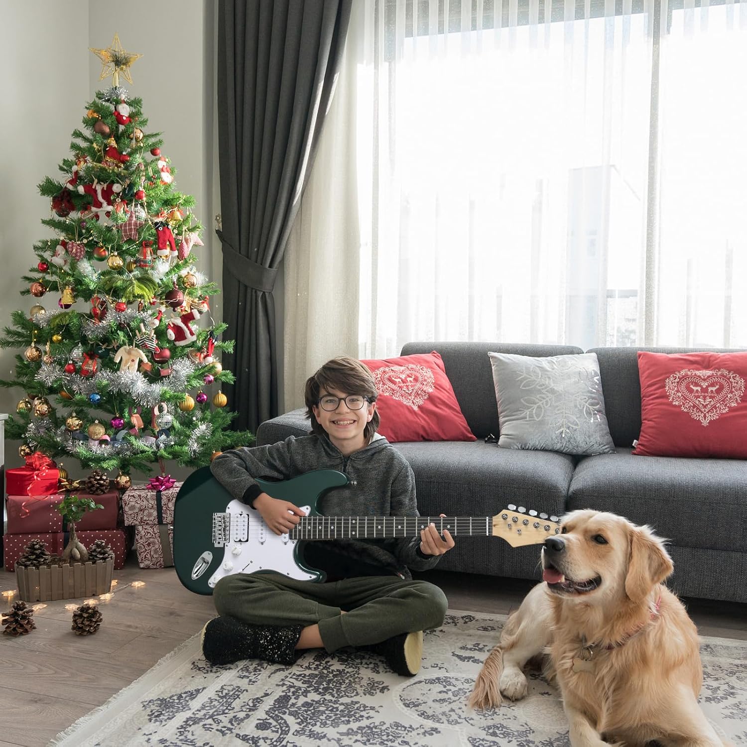 Ktaxon Full Size Electric Guitar Kit with AMP, 6 String HSS Pickups Solid-Body 39 Inch Electric Guitars Set for Beginner & Adults W/Gig Bag, Strap, Extra Strings, Green