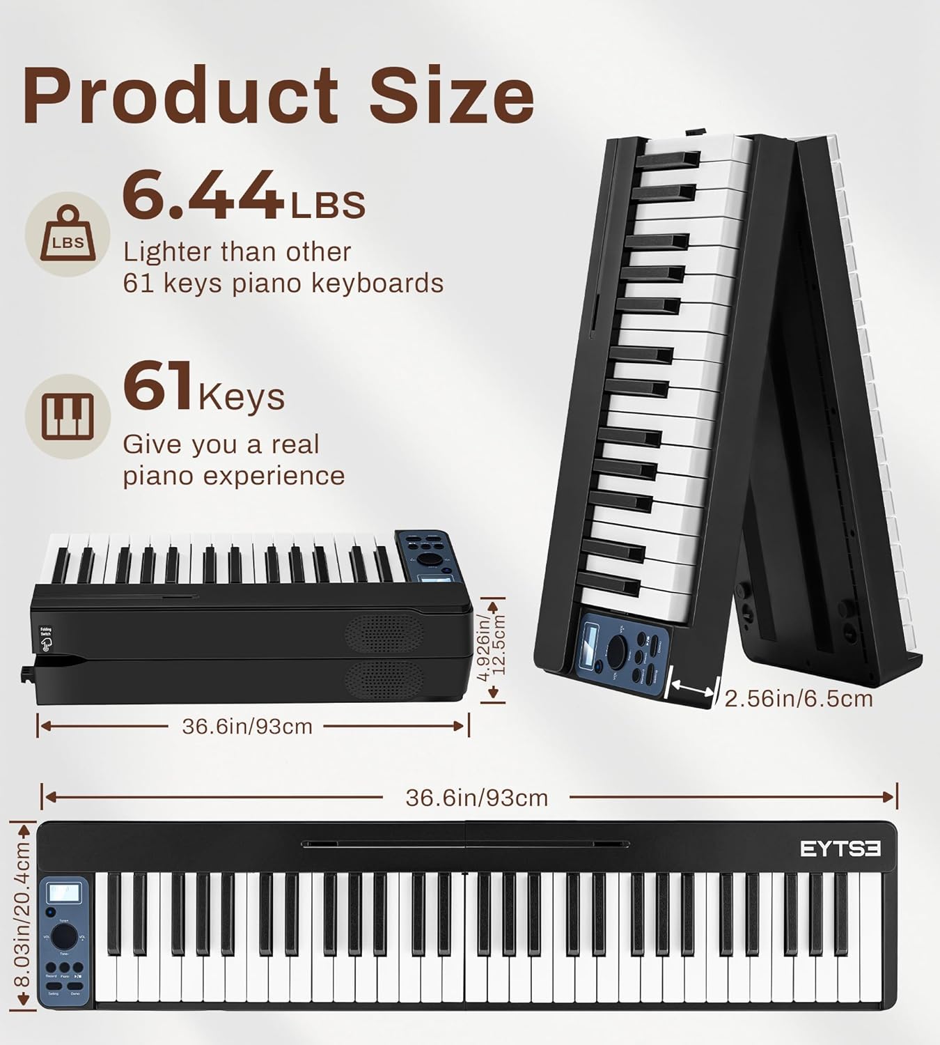 61 Key Folding Piano Keyboard, Semi-Weighted Key Folding Piano, Portable Piano Keyboard, Wireless & MIDI, Foldable Electronic Keyboard Piano for Beginners (Black)