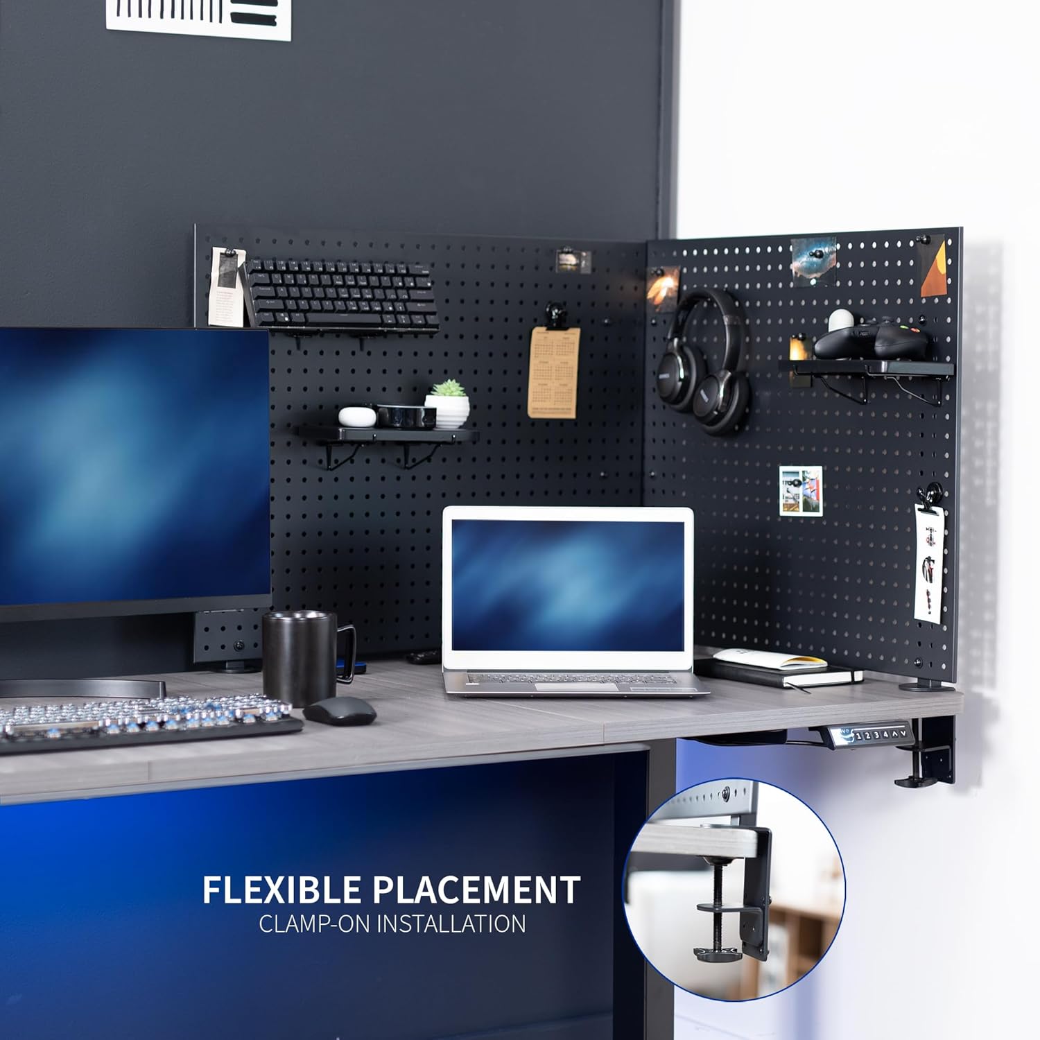 VIVO Steel Clamp-on Desk Pegboard, 60 x 24 inch Privacy Panel, Magnetic Peg Board, Office Accessory Organizer, Above or Below Desk Placement, Black, PP-DK30B-2