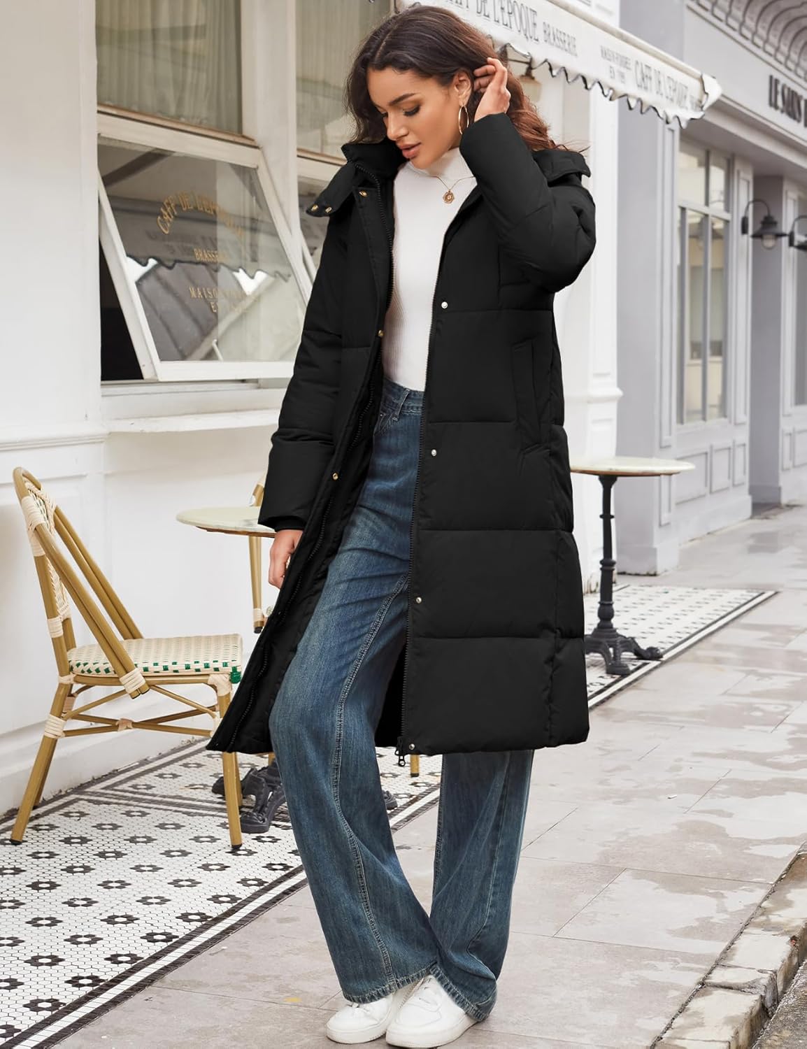 Flygo Long Winter Coats for Women Hooded Puffer Coat Jackets Thickened Midi Long Sleeve Zip Down Parka Outerwear