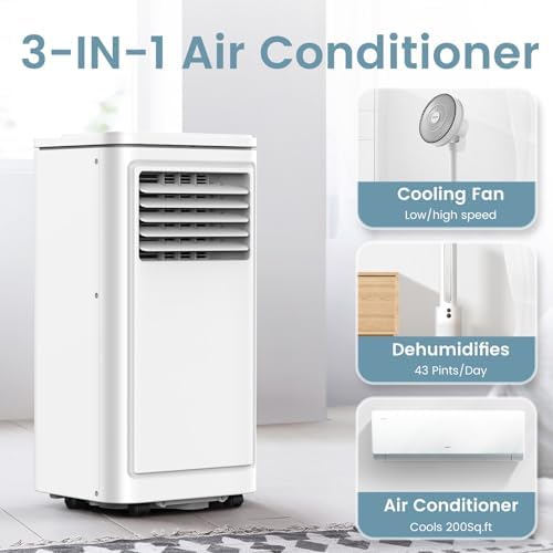 8000 BTU Portable Air Conditioners for Room up to 350 Sq. Ft, 3-in-1 Mini AC Unit for Bedroom with Dehumidifier & Fan Mode, Remote Control, Sleep Mode, 24H Timer