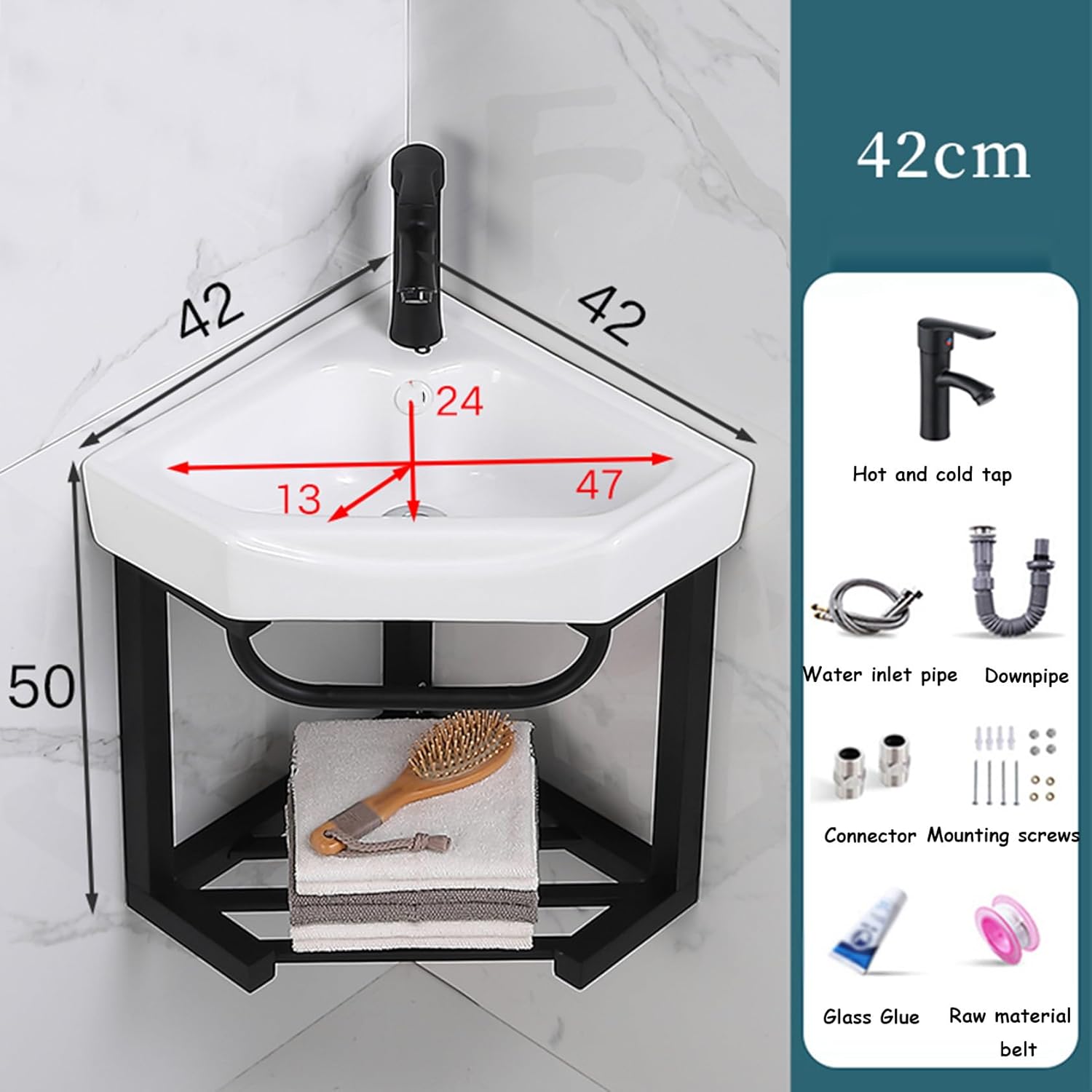 Corner Wall Mount Bathroom Sink, Wall Mounted Bathroom Sink, Bathroom Sink with Towel Rack,Without mirror-42x42cm,Without Mirror-42x42cm