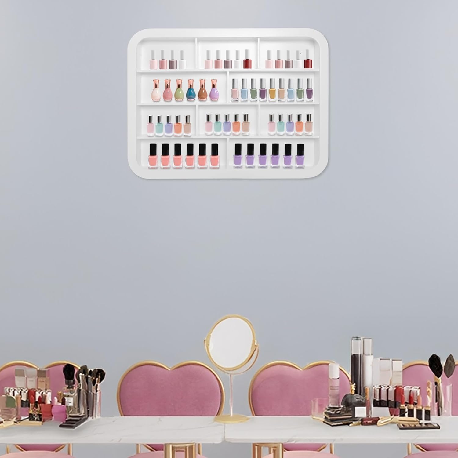 Wall Mount Beauty Nail Polish Display Rack, 4-Tier Beauty Hanging Salon Display Rack for Home, 31.5x23.62 in White Figure Ornament Nail Storage Systems for Spa Home Beauty Studios (80CM)