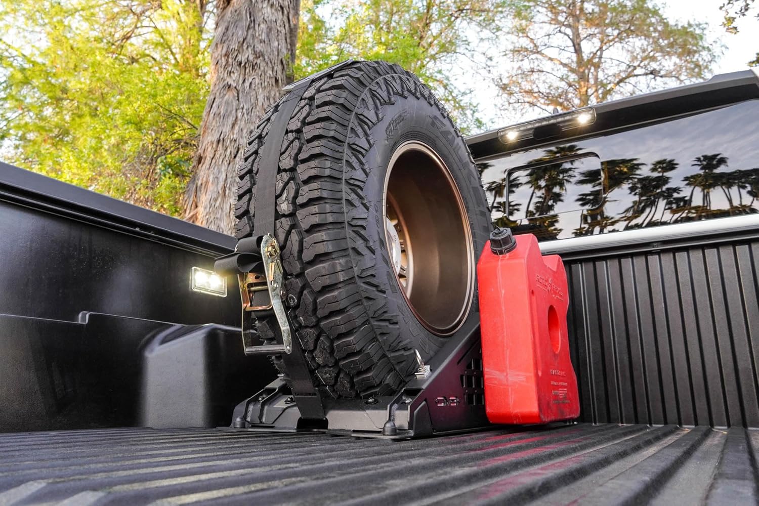 DV8 Offroad Truck Bed Universal Tire Carrier & Accessory Mount | Featured Side Molle Panels for Mounting Gear & Supplies | Adjustable for Carrying Various Sized Tires and Bikes | Powder Coated Finish
