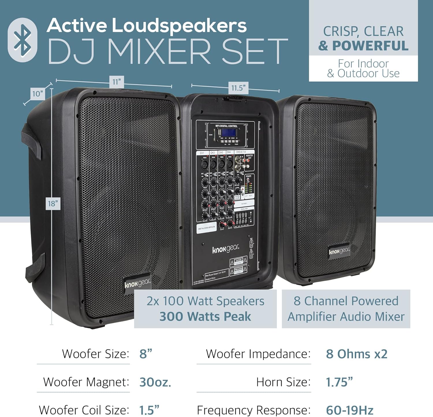 Knox Gear Dual Speaker and Mixer Set–Portable 8” 300 Watt DJ PA System with Wired Microphone & Tripod Stands, Amplifier, Bluetooth, USB, SD, 1/4” Line RCA, XLR Inputs, Ideal for a Party or Event