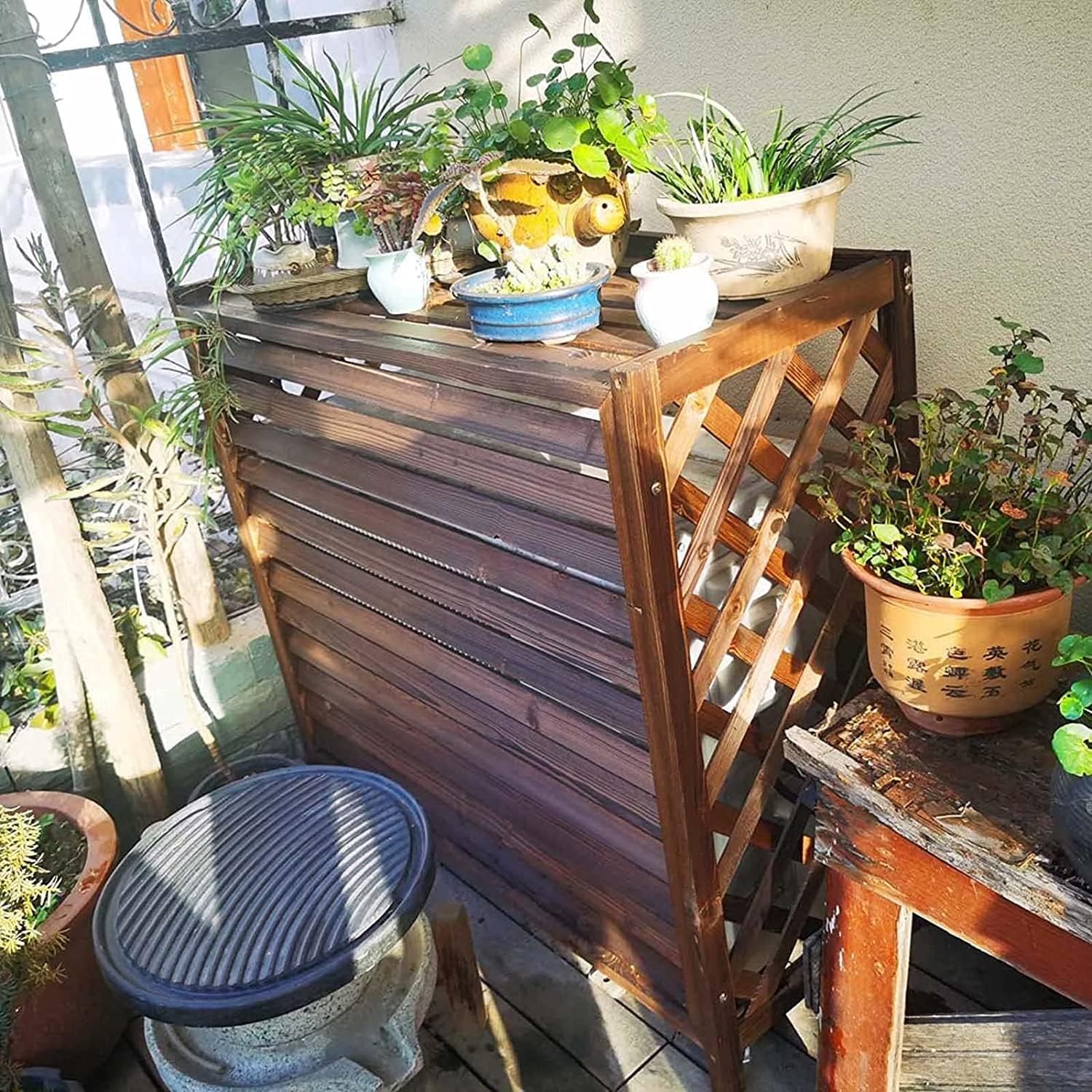 Air Conditioner Cover for Outside Units, Solid Wood Air Conditioning Flower Rack, Privacy Outdoor Screen, Louvered Plant Shelf for Balcony Garden Outdoor 103 * 44 * 93Cm
