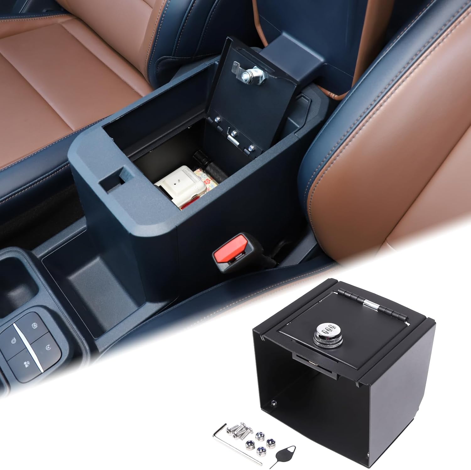 Car Center Console Lock Safe Box Armrest Storage Compatible with Ford Maverick 2022-2025 Center Console Lock Box Armrest Security Organizer Tray Vault with 3 Digit Combo Password Insert Accessories