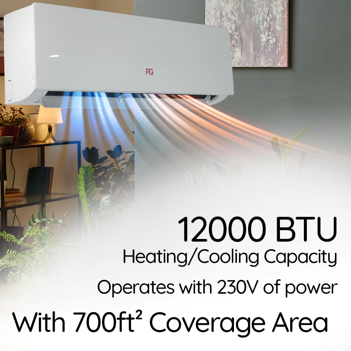 PG Split System Air Conditioner 12,000 BTU Heat Pump, 17 SEER Ultra Energy Efficient, Quiet Operation, Indoor & Outdoor Units, 230V, Refrigerant R-32, Wi‑Fi Smart Control